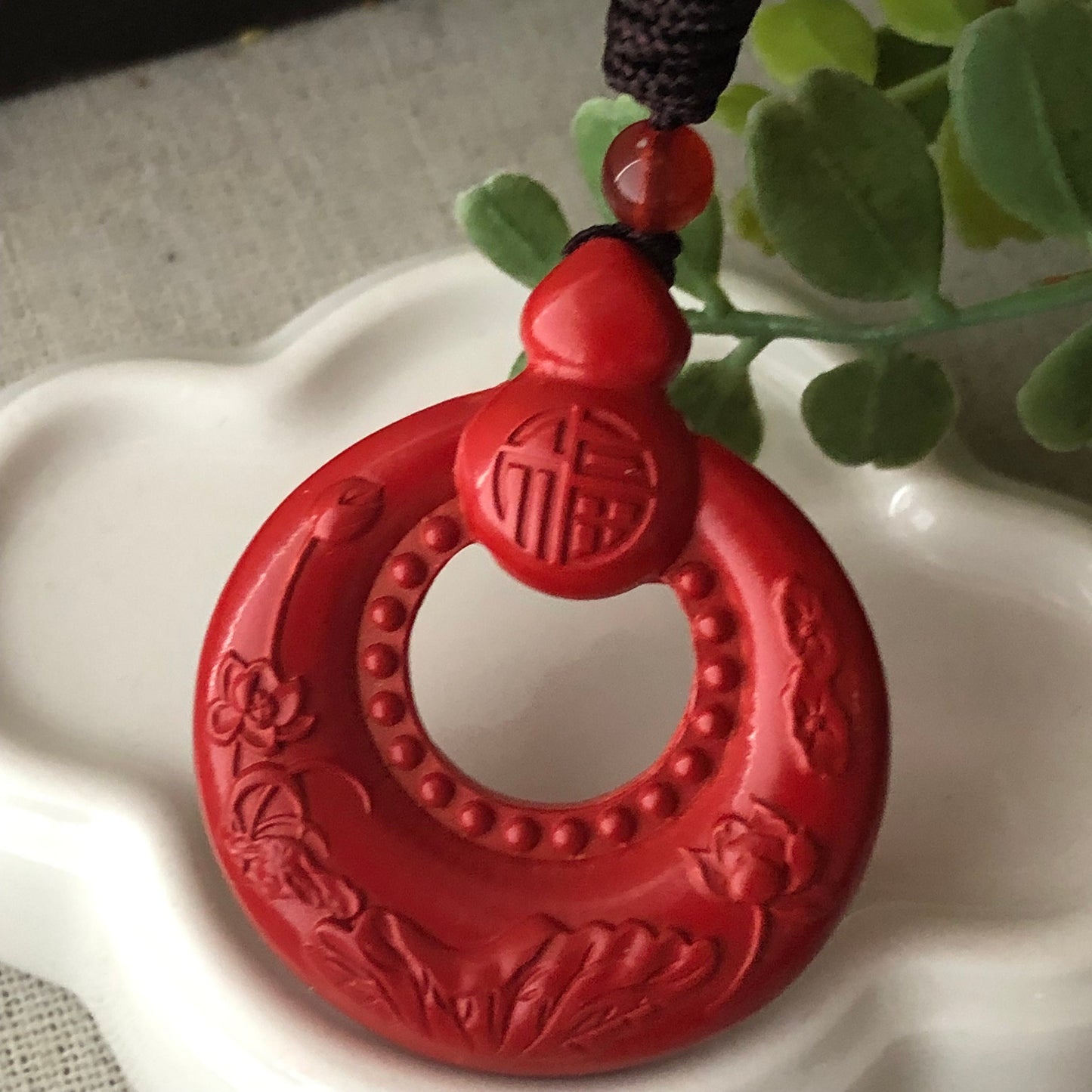 38mm Cinnabar Carved Hulu Ruyi Six Word Blessing Key Charm Donut Pendant