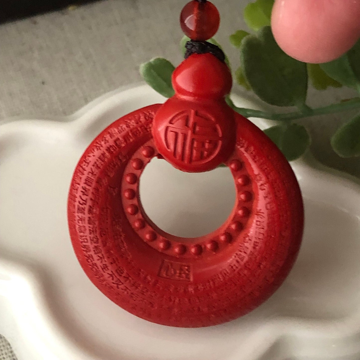 38mm Cinnabar Carved Hulu Ruyi Six Word Blessing Key Charm Donut Pendant