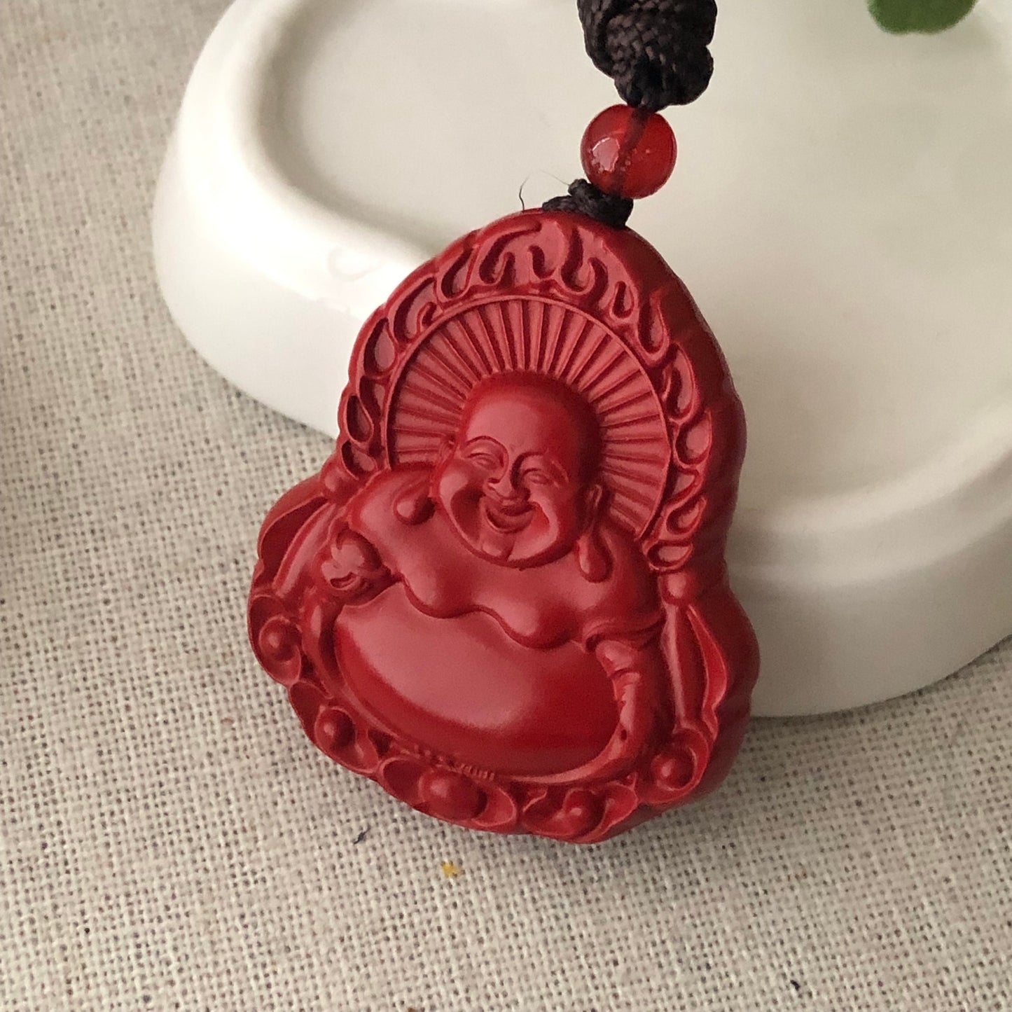 41mm Cinnabar Carved Happy Buddha Word Blessing Key Charm Pendant