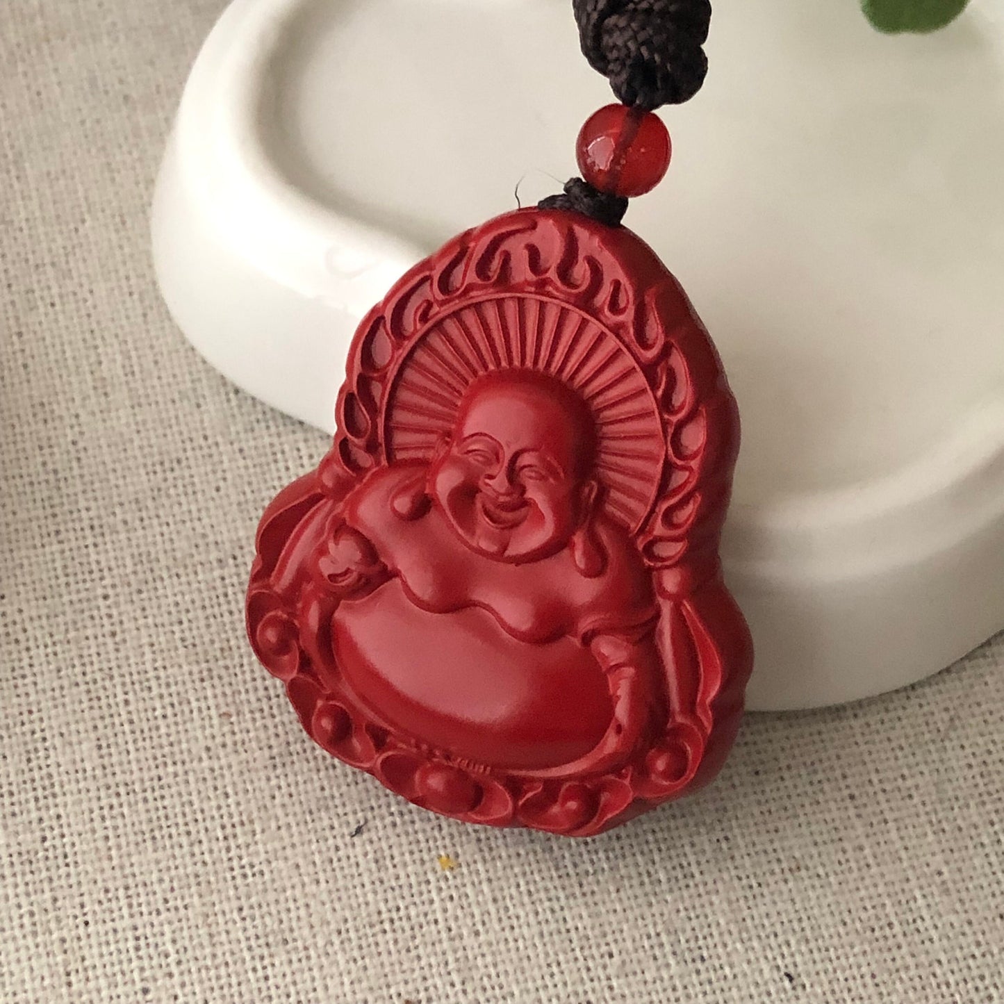 41mm Cinnabar Carved Happy Buddha Word Blessing Key Charm Pendant
