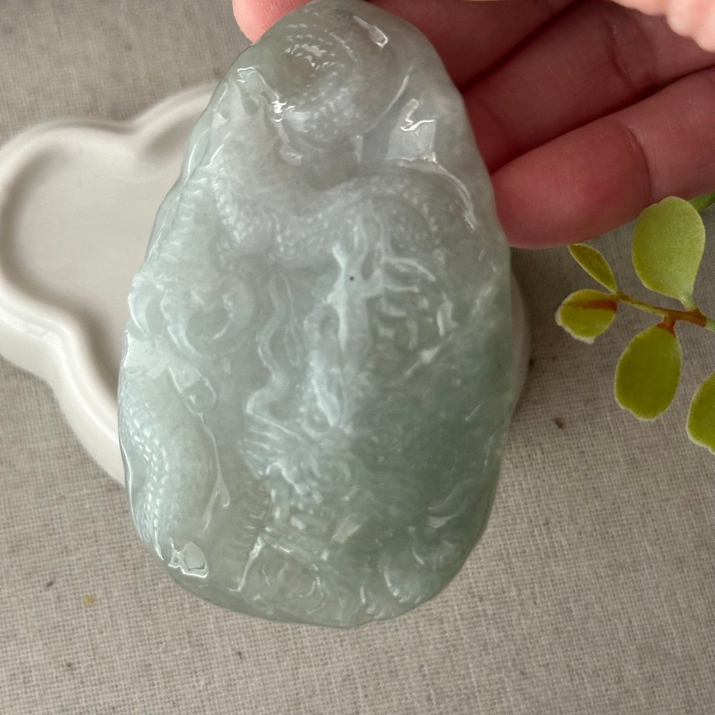 72mm Jadeite Jade White Green Carved Dragon Pendant