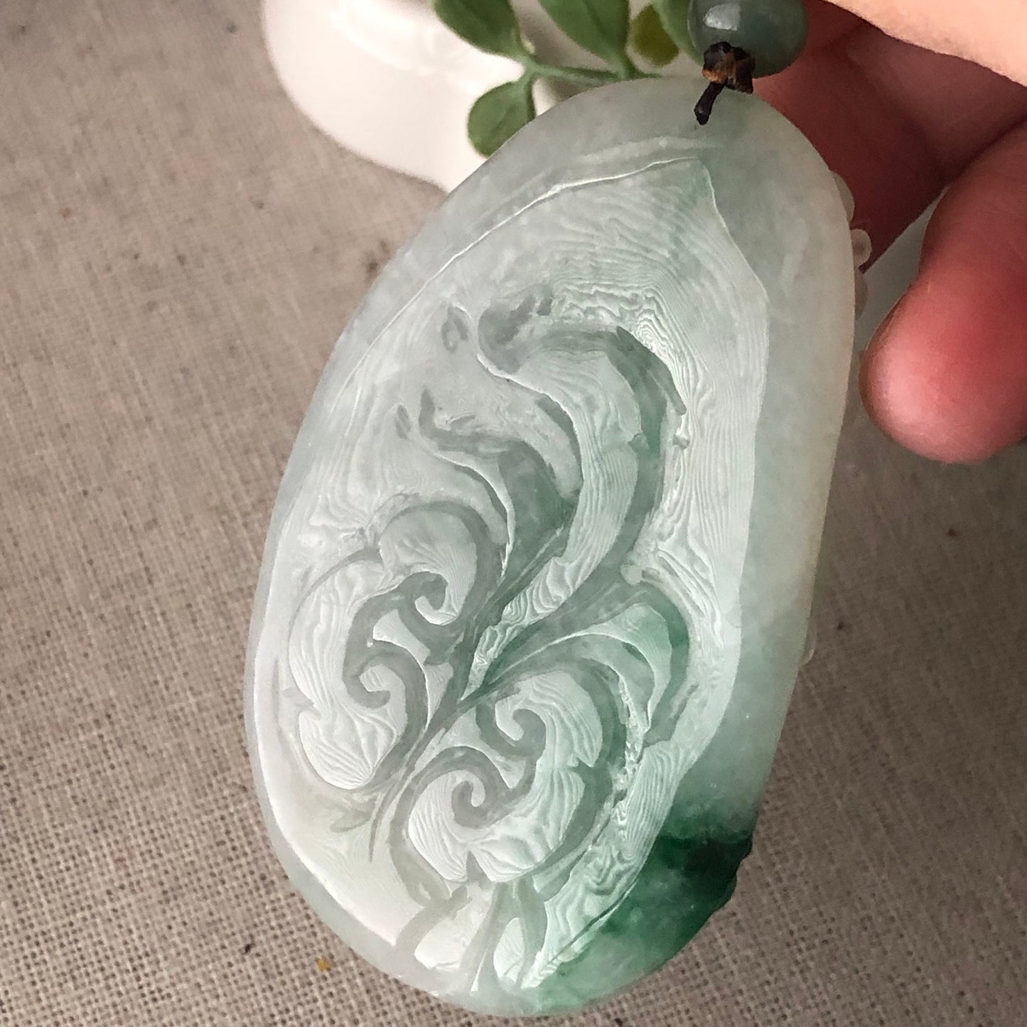 64.1 mm Green Jadeite Jade Carved Flower Landscape Pendant
