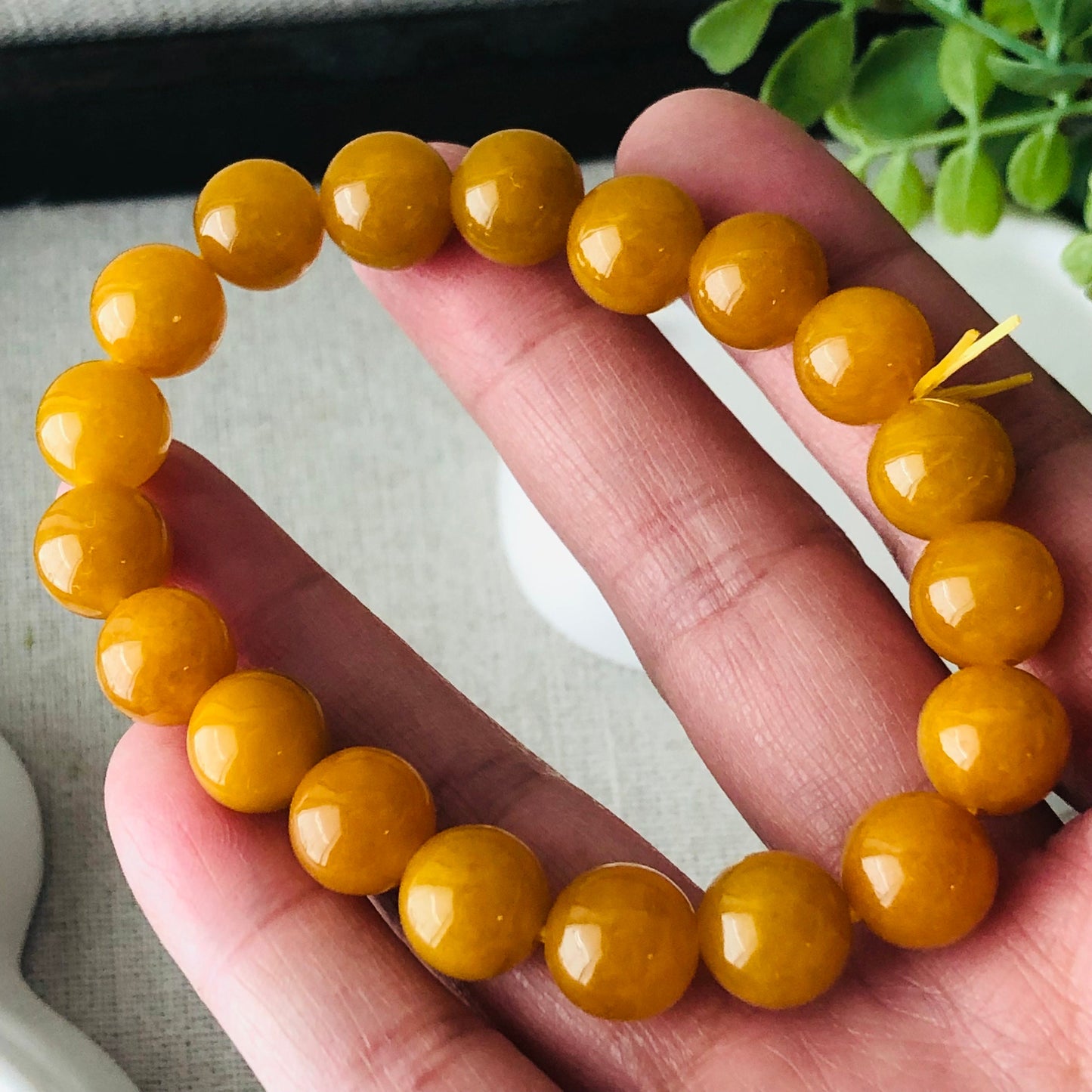 10 mm Glossy Moist Yellow Brown Jadeite Jade Bead Bracelet