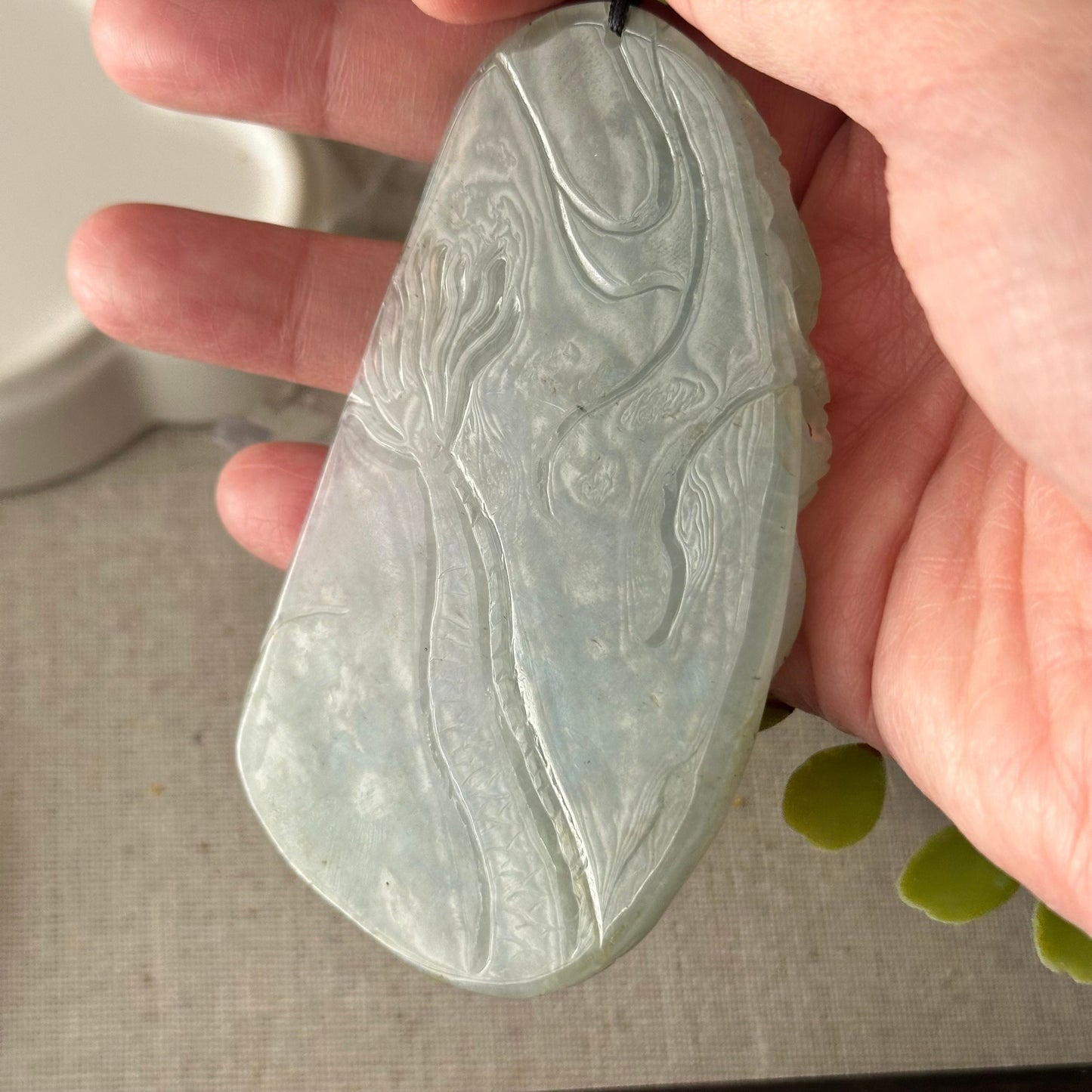 80mm Icy Green Wuji flowers Jadeite Jade Carved Dragon Pendant