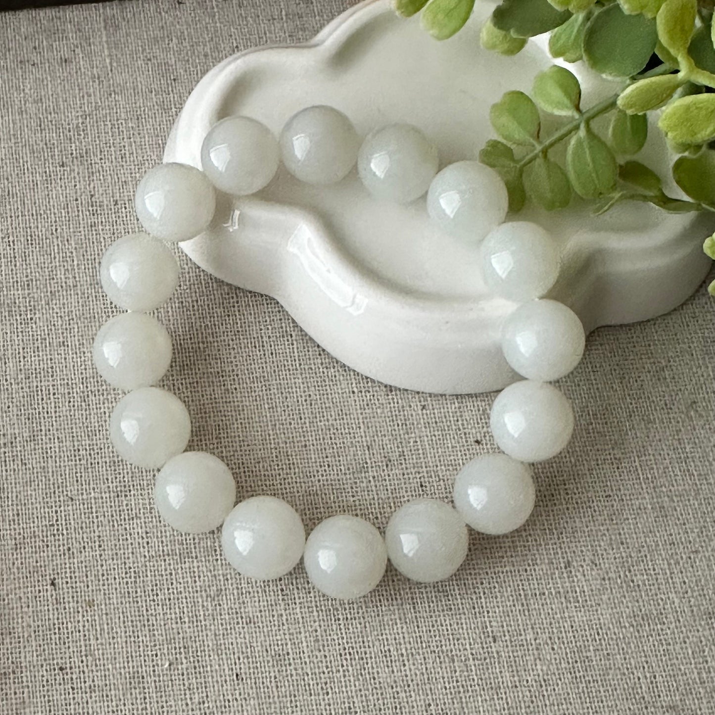 12mm Icy White Hetian Jade Beaded Bracelet RARE