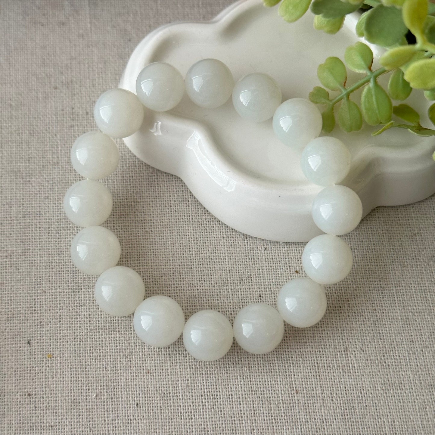 12mm Icy White Hetian Jade Beaded Bracelet RARE