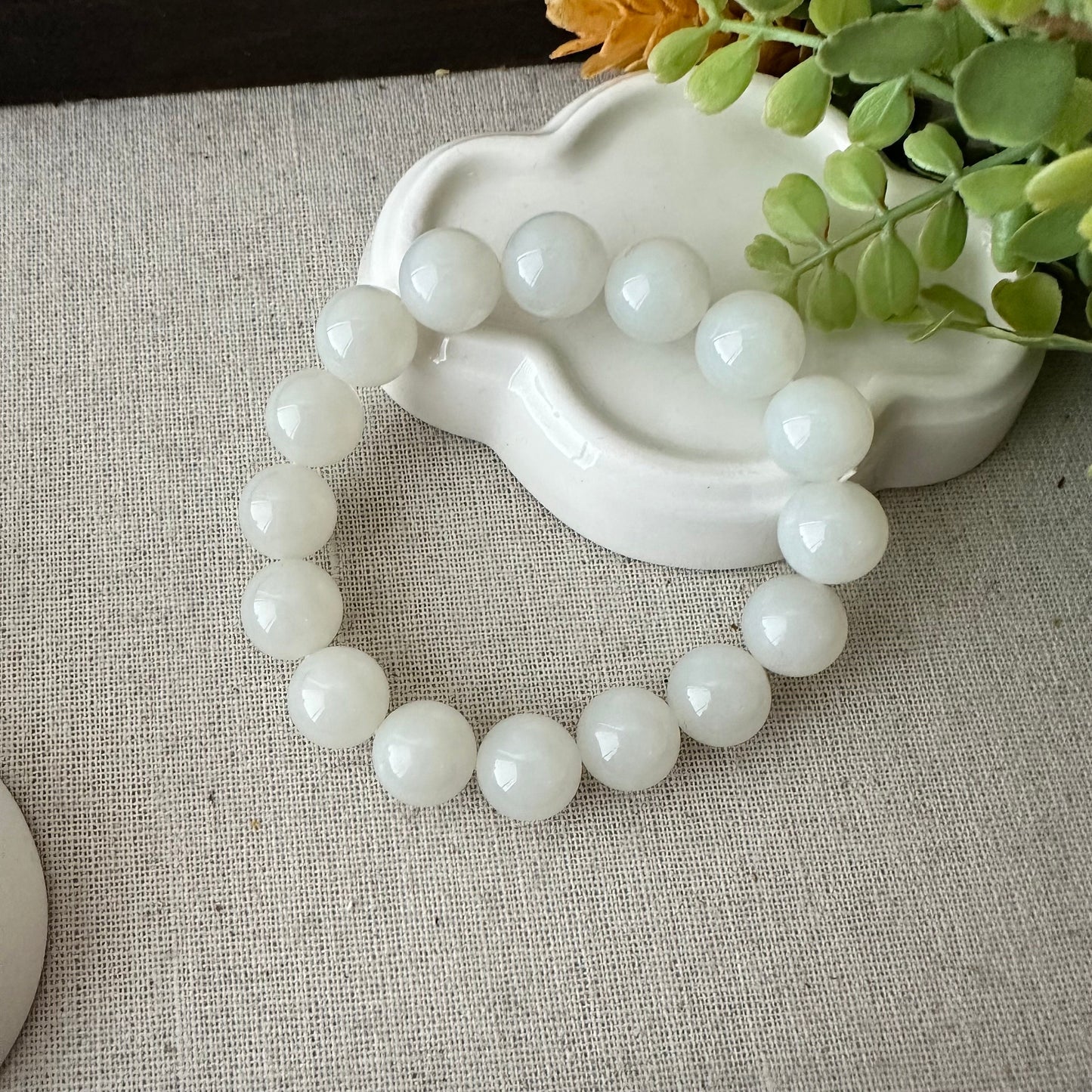12mm Icy White Hetian Jade Beaded Bracelet RARE