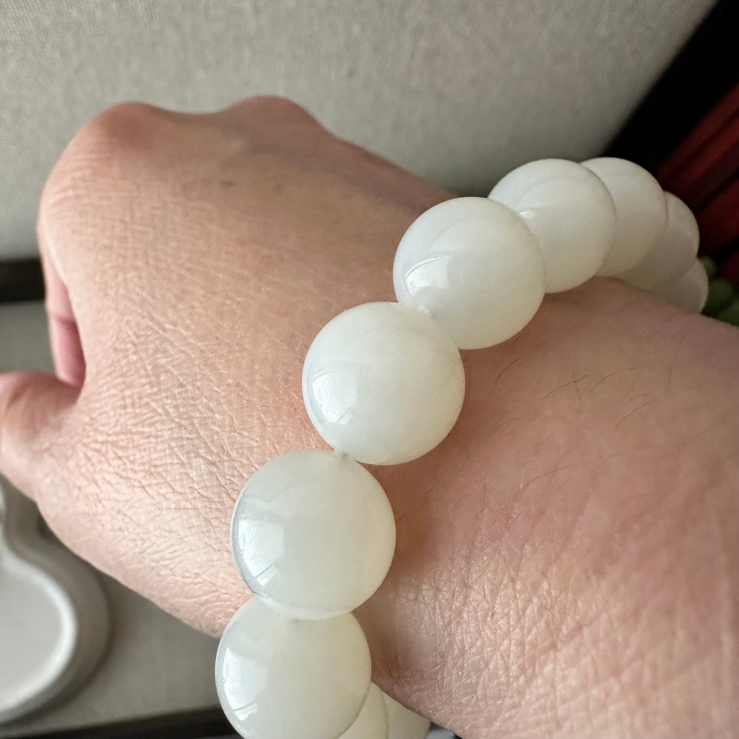 12mm Icy White Hetian Jade Beaded Bracelet RARE