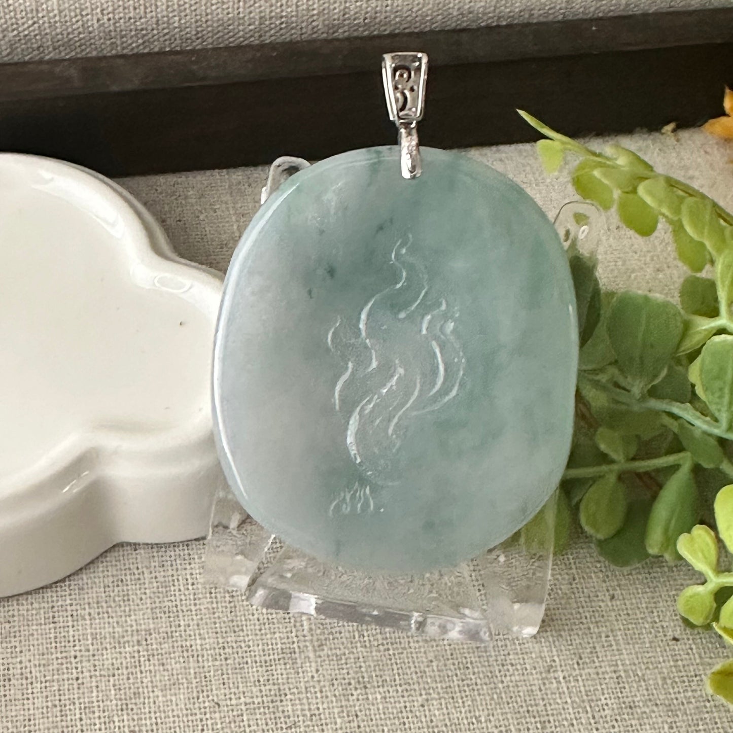 51.6mm Icy Green Jadeite Jade Carved Dragon Pendant
