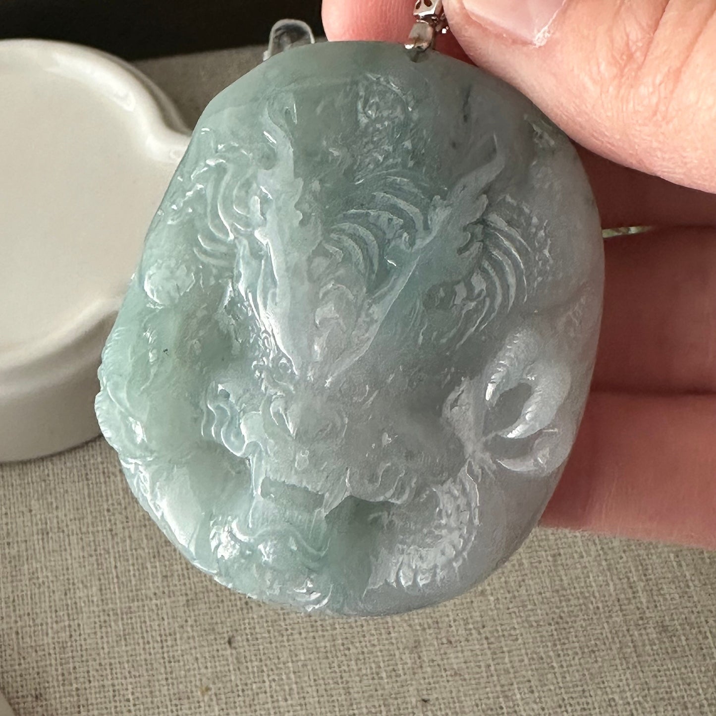 51.6mm Icy Green Jadeite Jade Carved Dragon Pendant