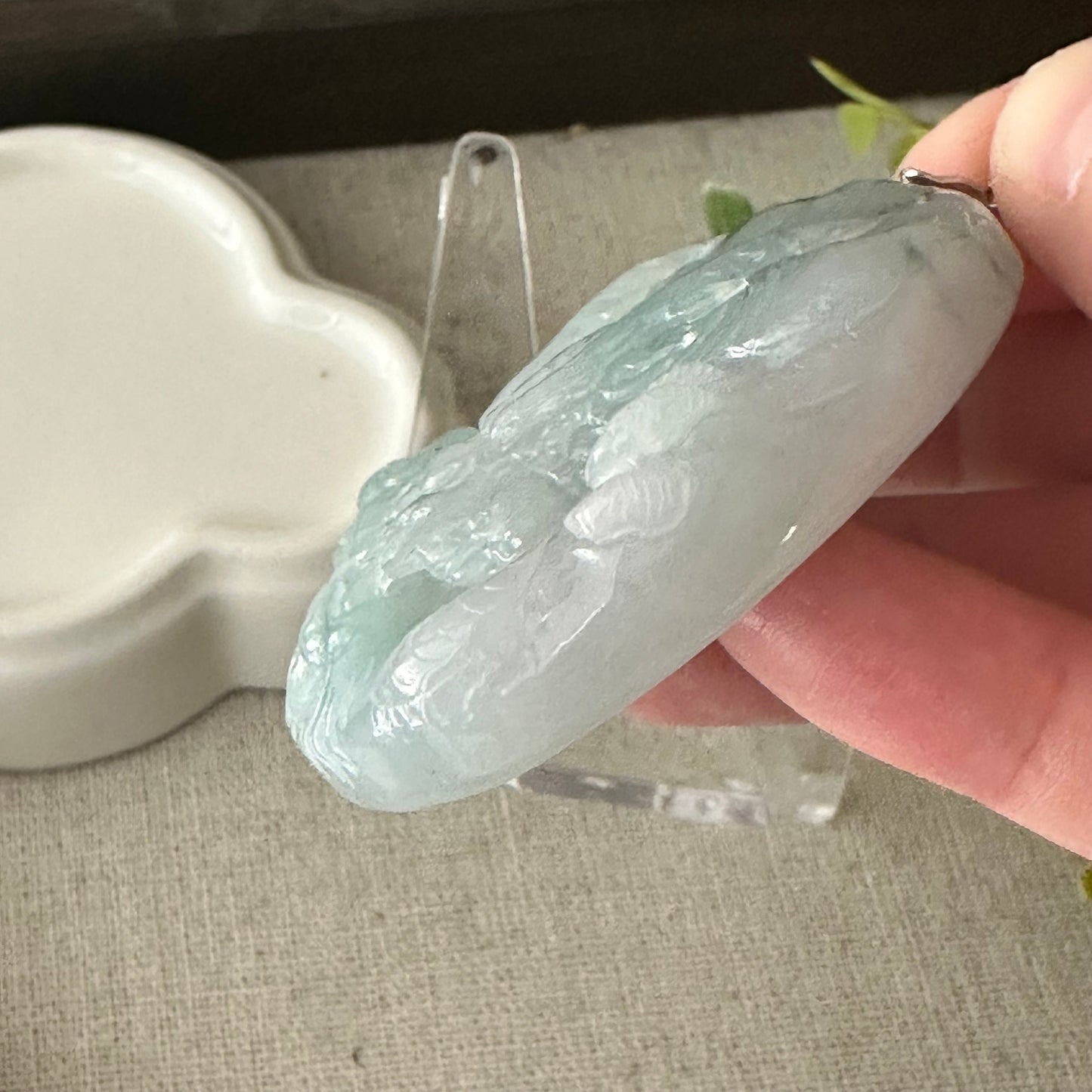 51.6mm Icy Green Jadeite Jade Carved Dragon Pendant