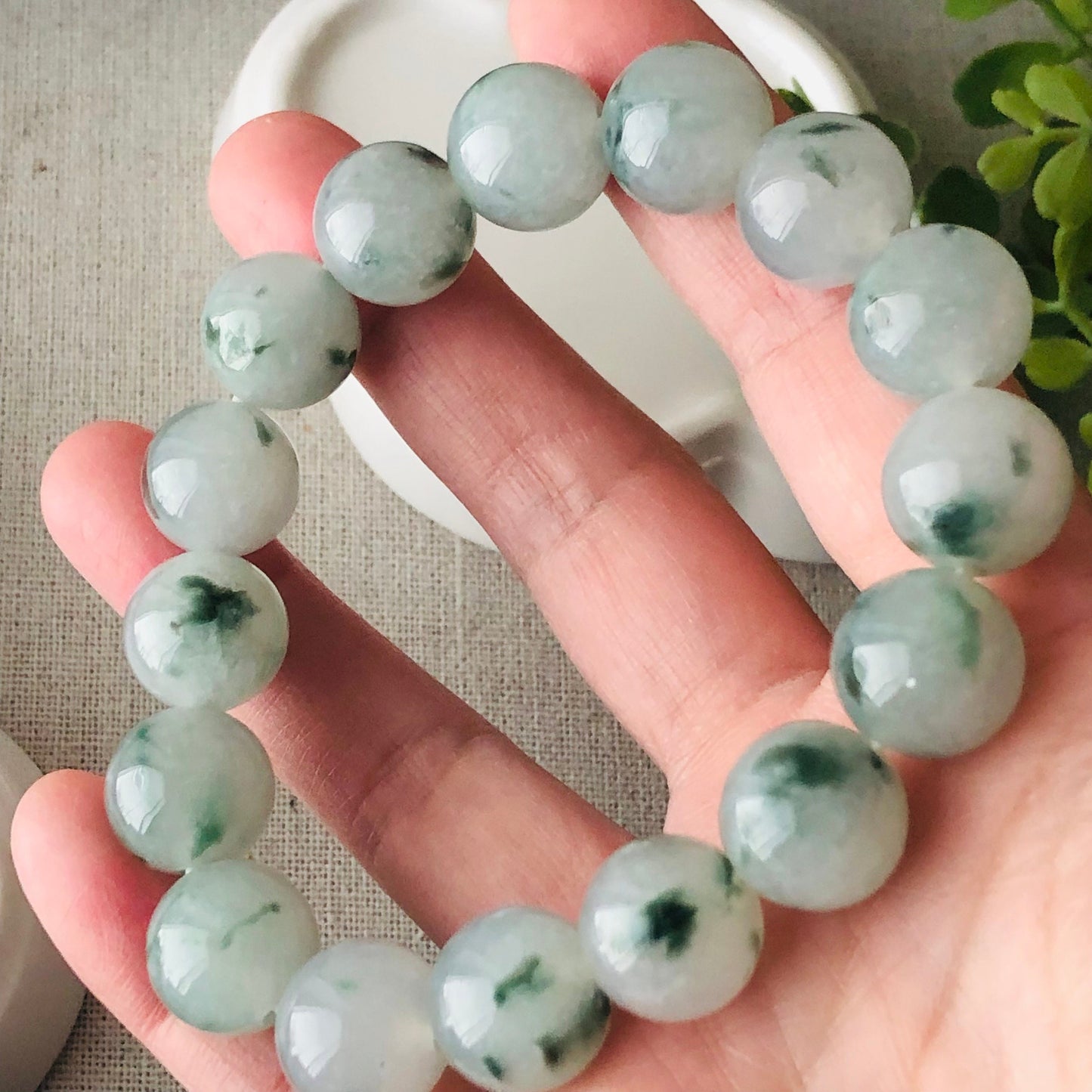 13.8 mm Icy Green Float Flowers Jade Jadeite Bead Bracelet RARE