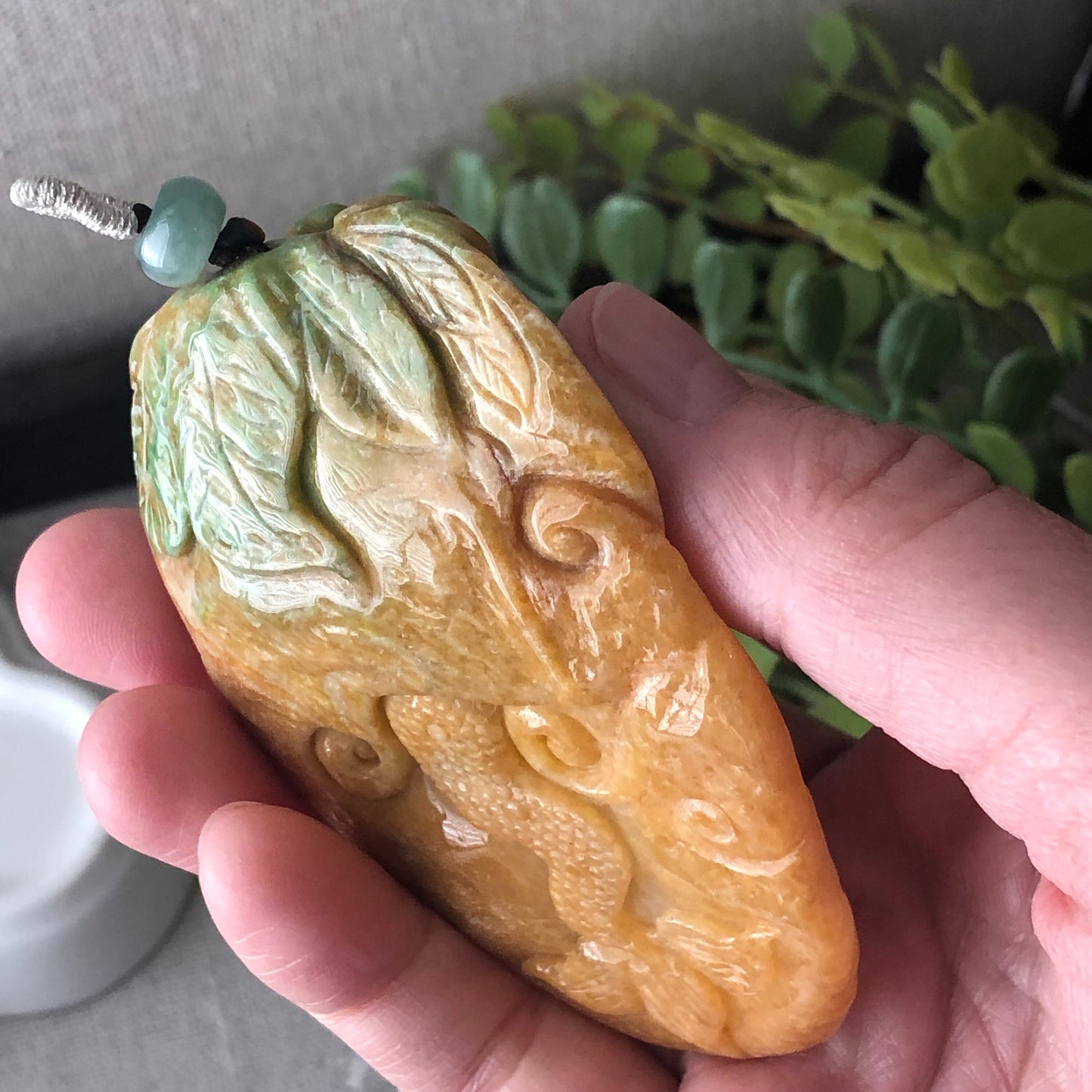78mm Jadeite Jade Yellow Green Carved Dragon Pendant