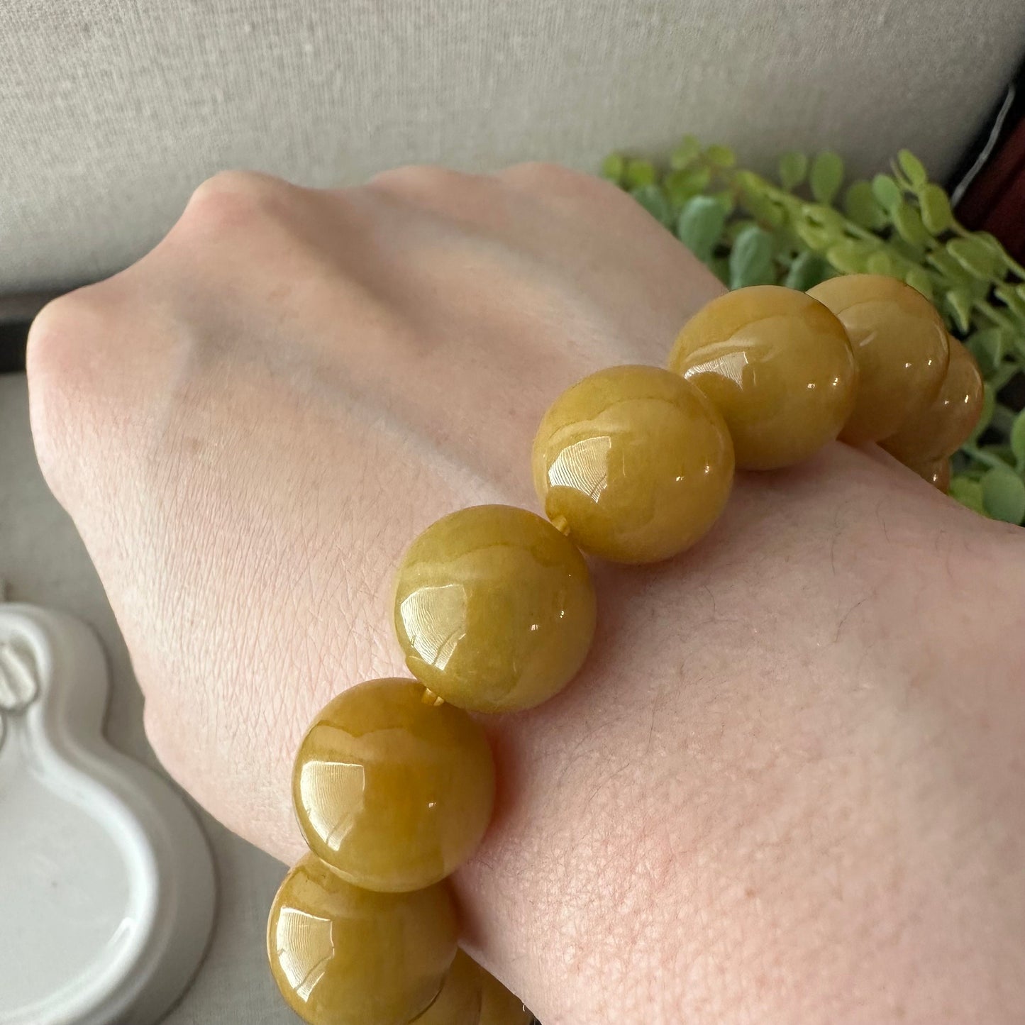 14.3mm Yellow Brown Jade Jadeite Bead Bracelet