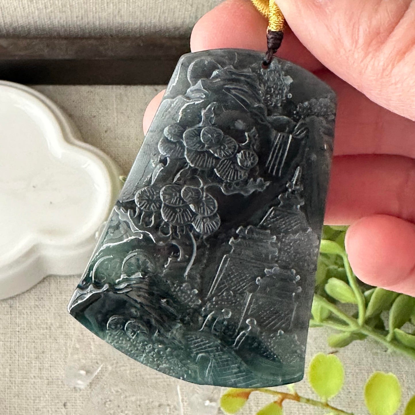 58 mm Icy Blue Water Green Jadeite Jade Carved Landscape Trees Pendant