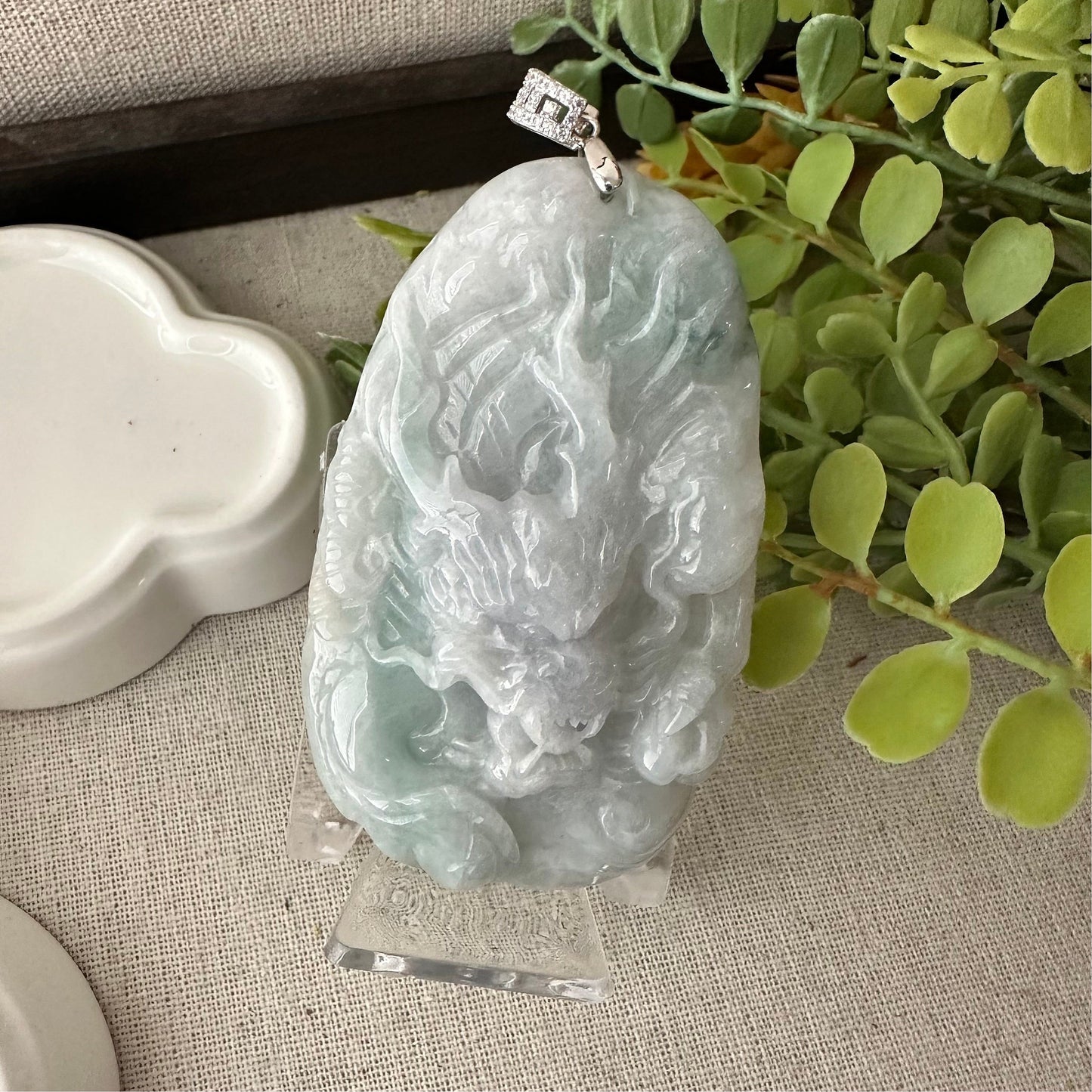 75mm Jadeite Jade Green Float Flowers Carved Dragon Pendant
