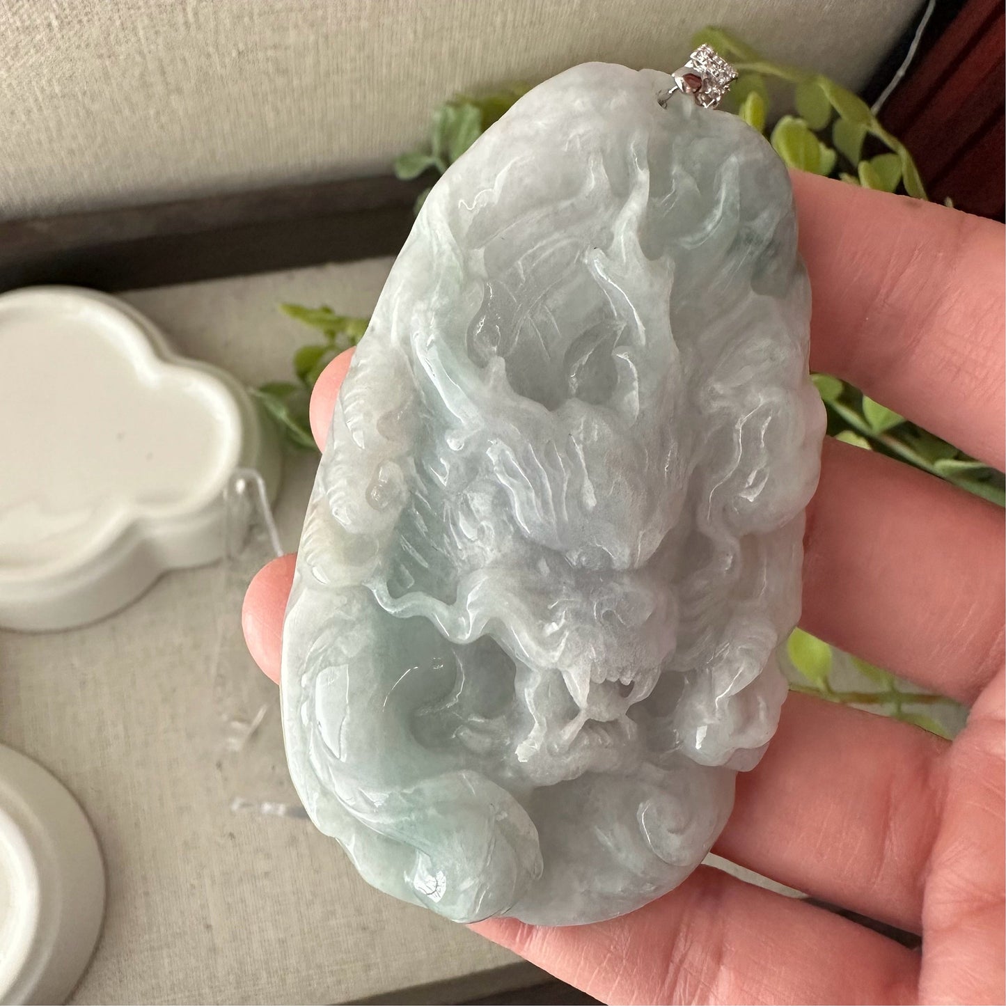 75mm Jadeite Jade Green Float Flowers Carved Dragon Pendant