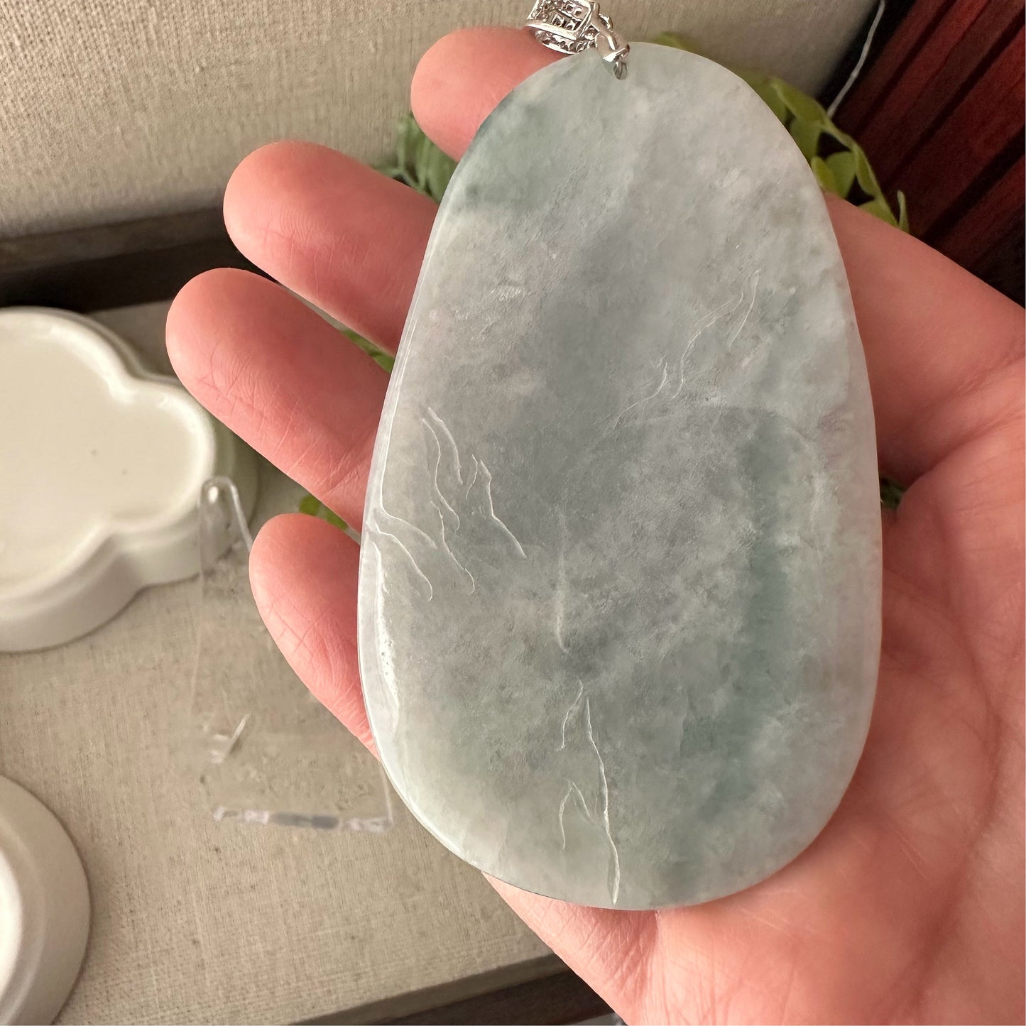 75mm Jadeite Jade Green Float Flowers Carved Dragon Pendant