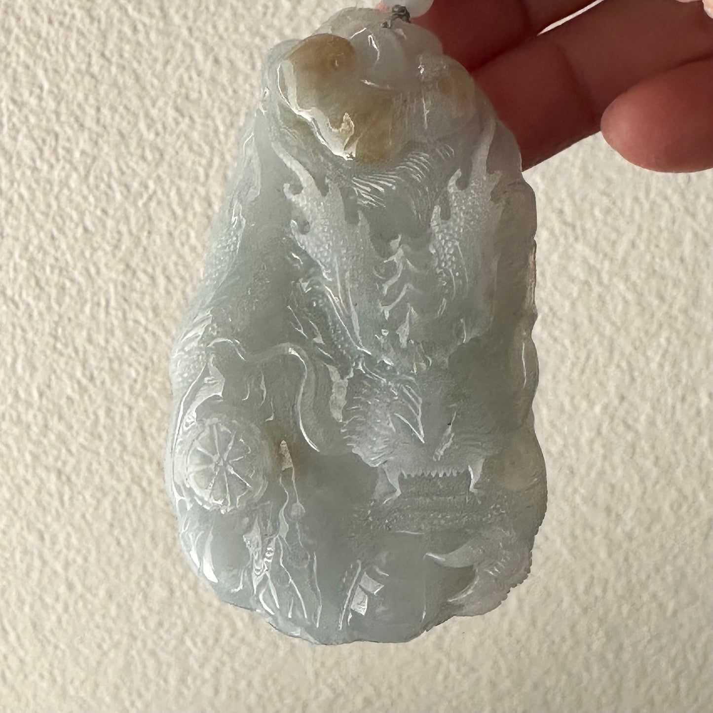 75mm Icy Blue Yellow Brown Jadeite Jade Carved Dragon Pendant