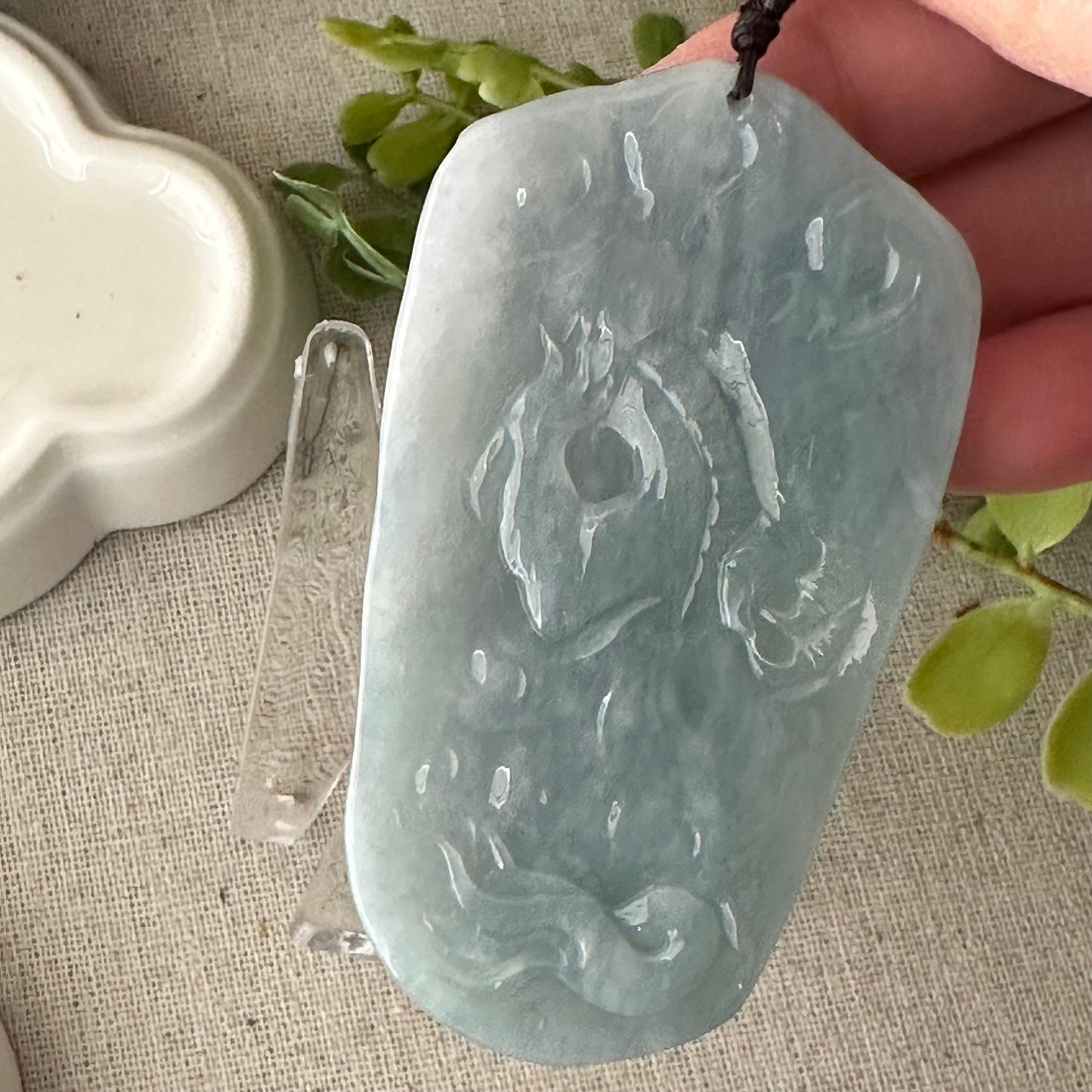 72mm Icy Blue Green Jadeite Jade Carved Dragon Pendant