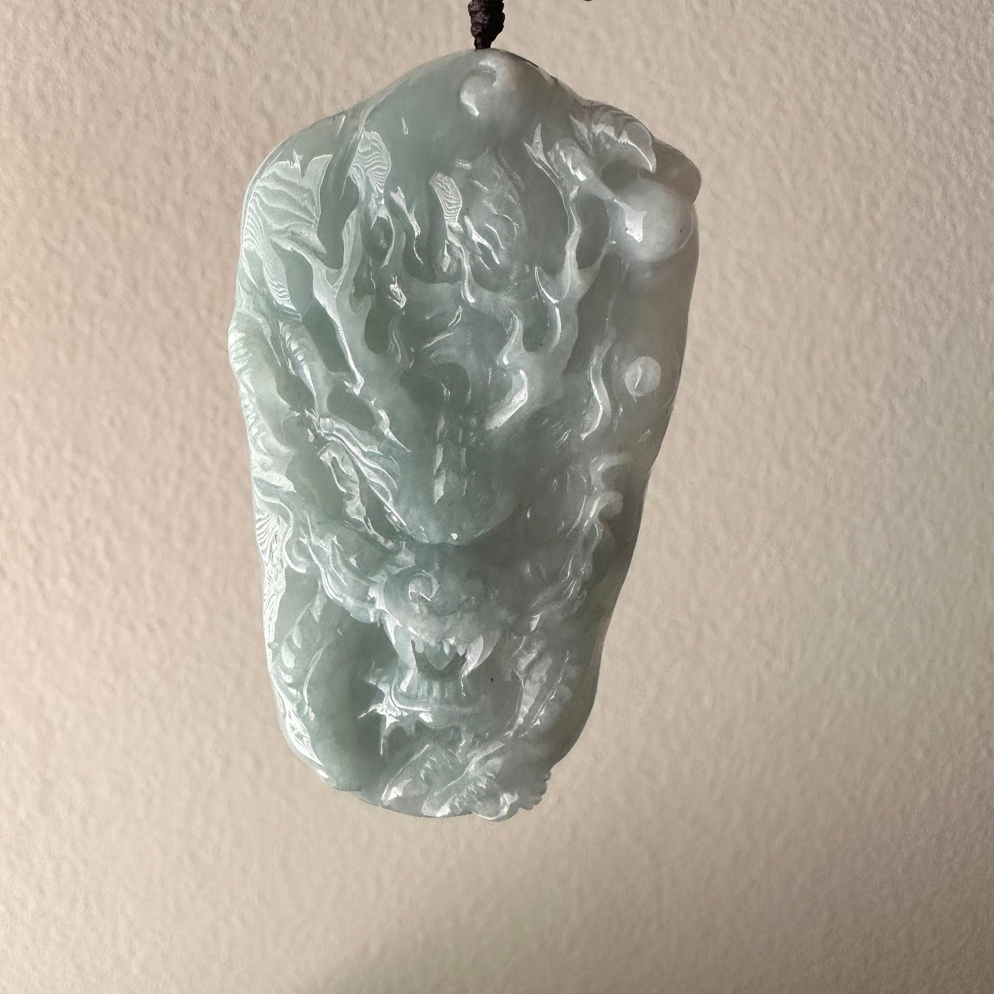 72mm Icy Blue Green Jadeite Jade Carved Dragon Pendant