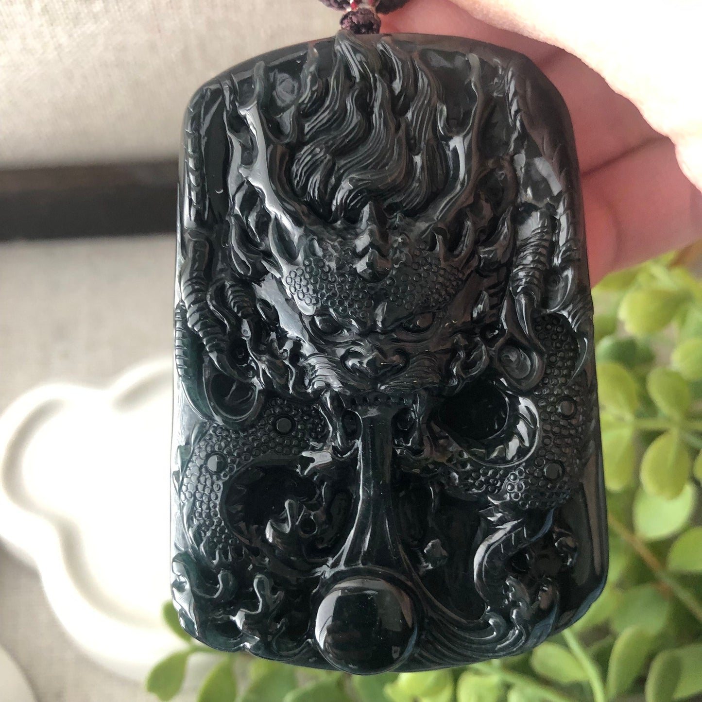 67mm Black Omphacite Jadeite Jade Carved Dragon Pendant