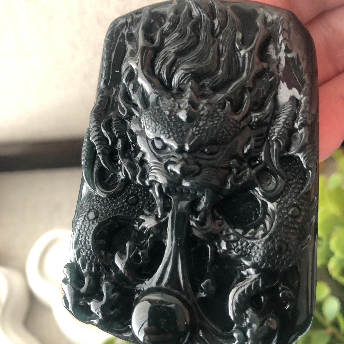 67mm Black Omphacite Jadeite Jade Carved Dragon Pendant
