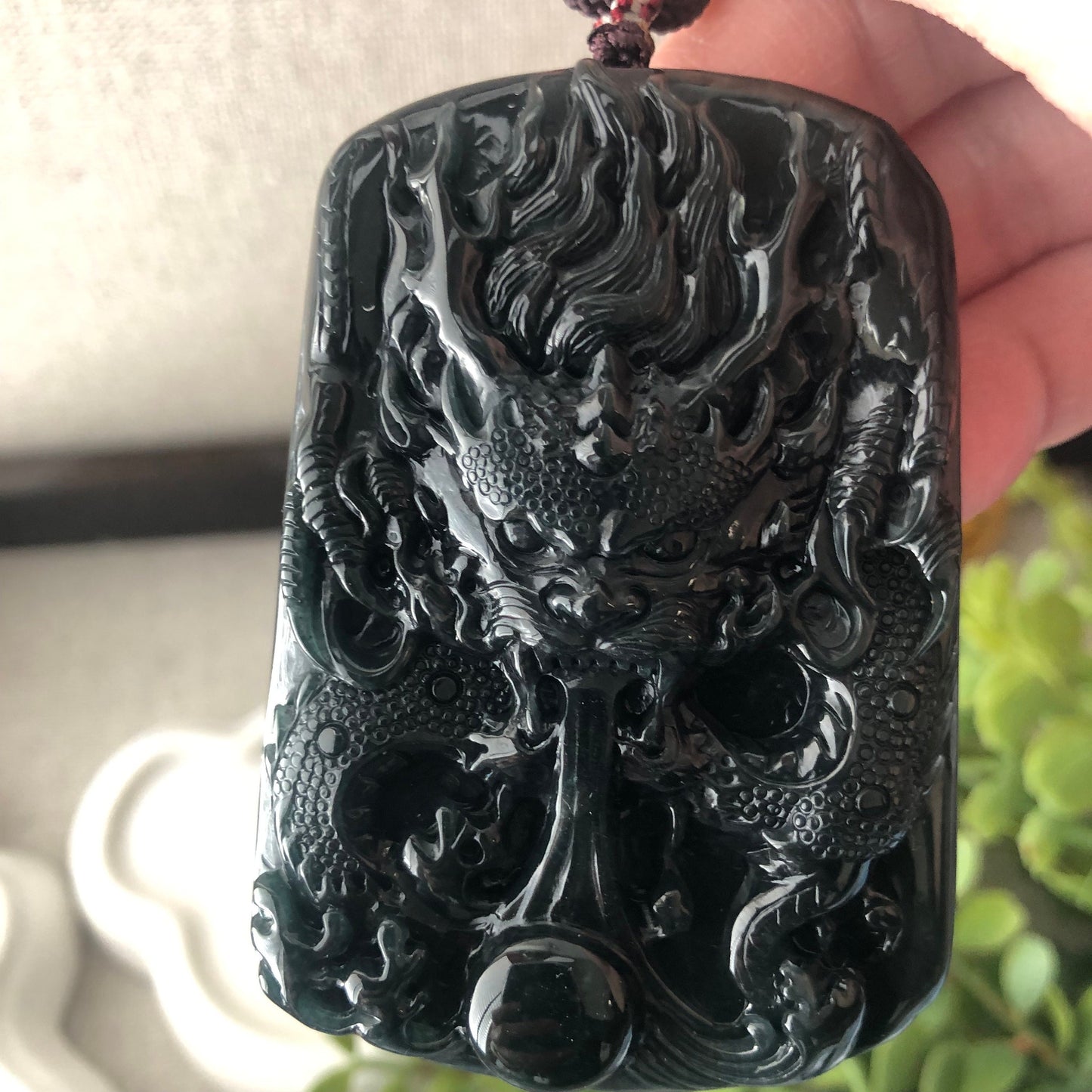67mm Black Omphacite Jadeite Jade Carved Dragon Pendant