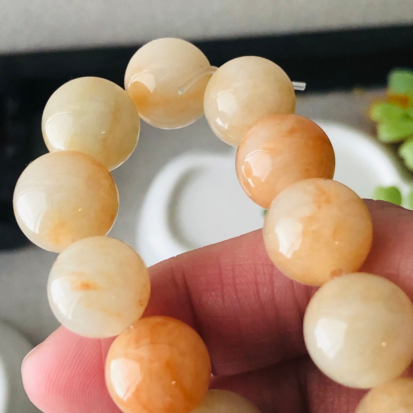 12.4mm Peach Yellow Jade Jadeite Beaded Bracelet RARE