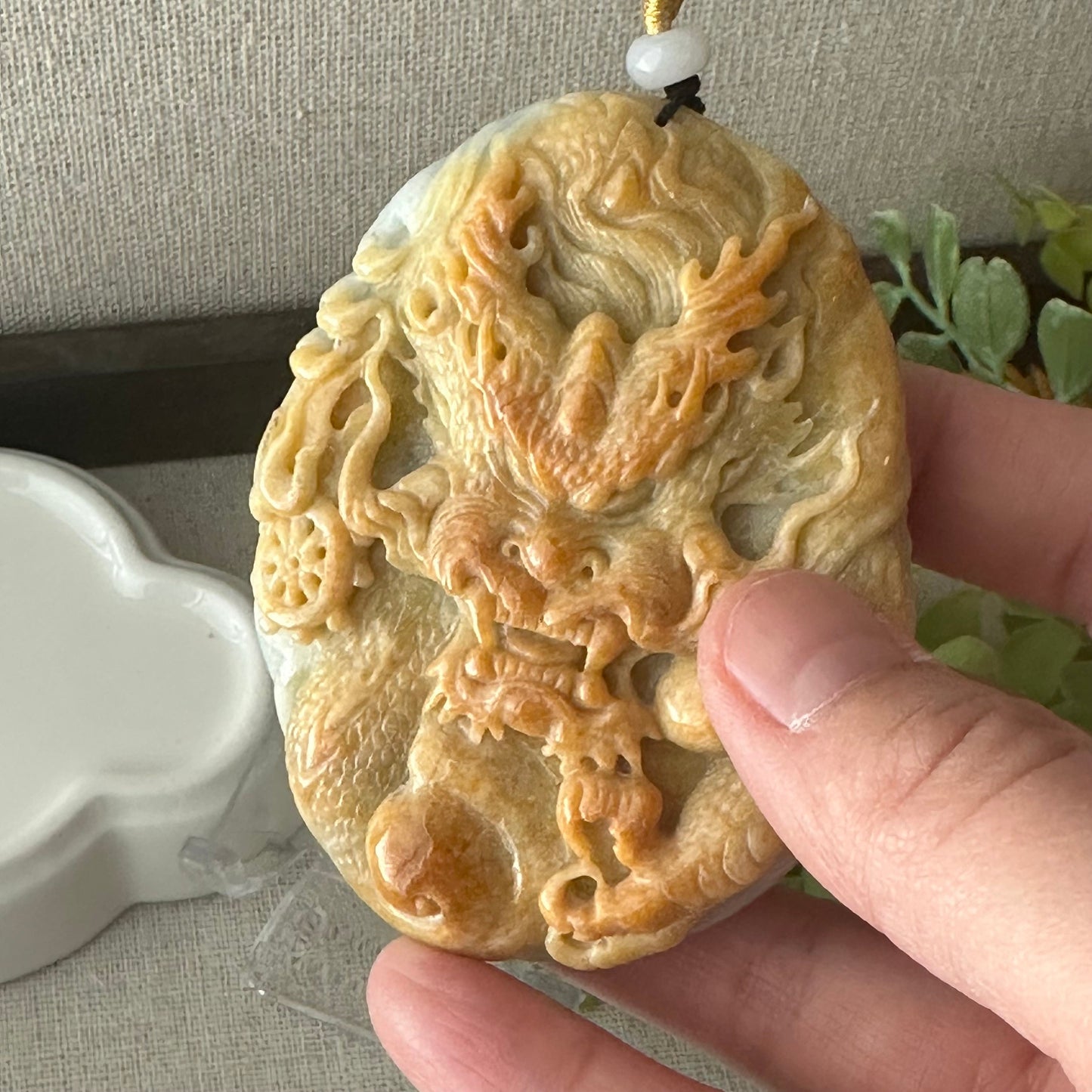 74.7mm Yellow Brown Jadeite Jade Carved Dragon Pendant