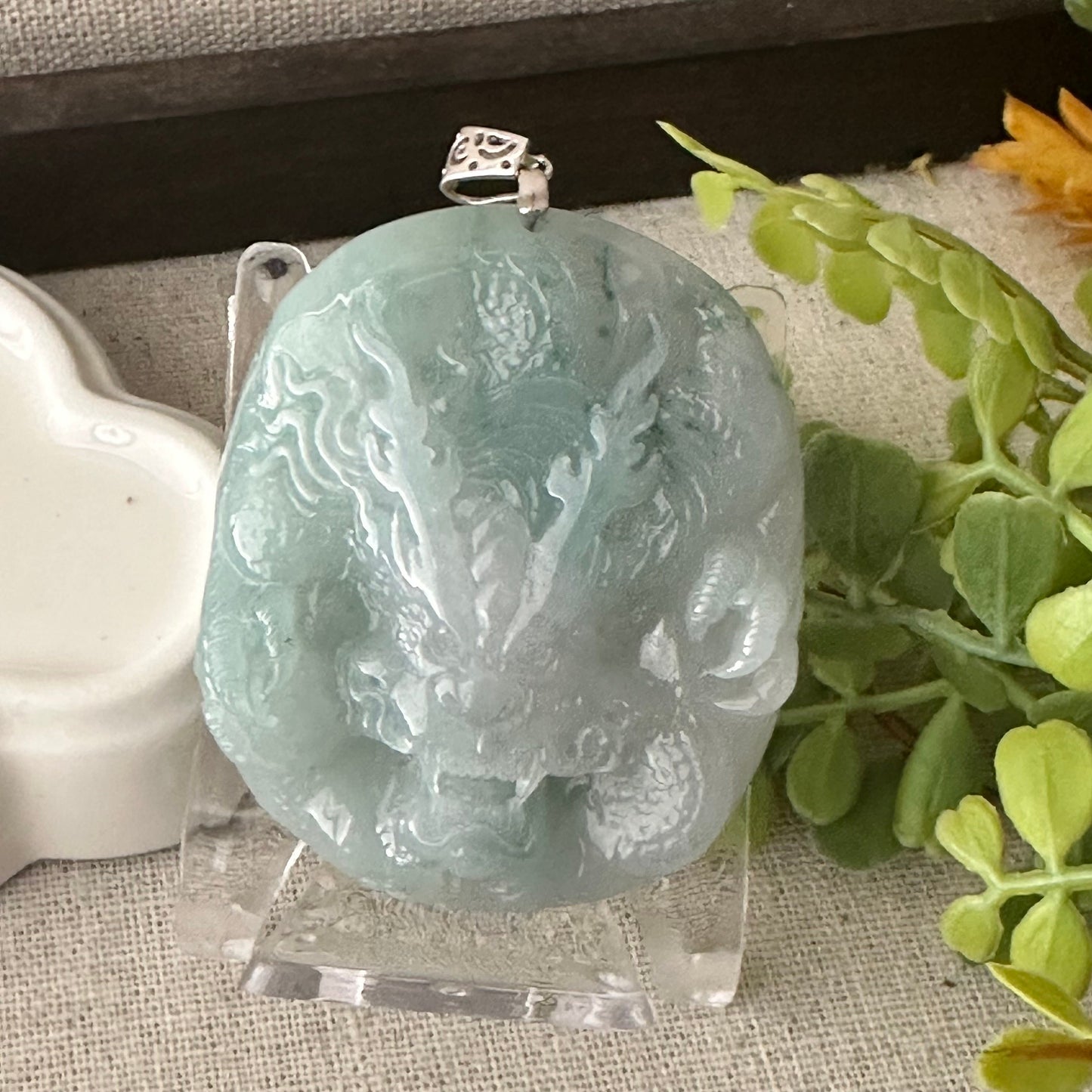 51.6mm Icy Green Jadeite Jade Carved Dragon Pendant