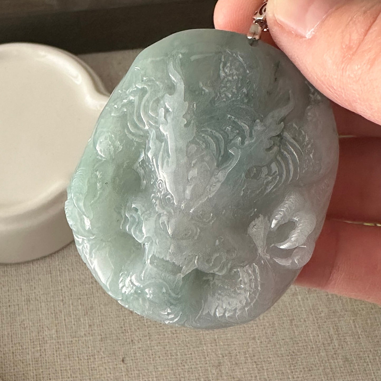 51.6mm Icy Green Jadeite Jade Carved Dragon Pendant