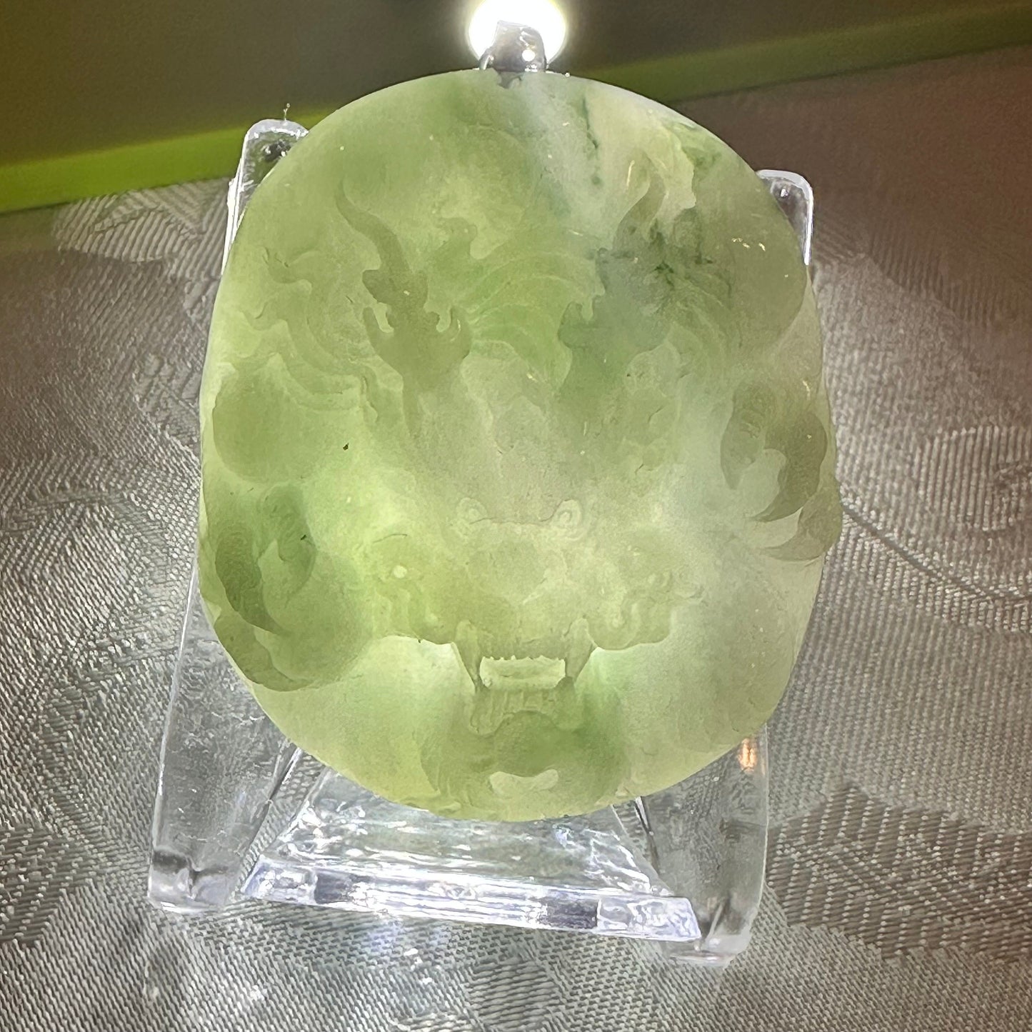 51.6mm Icy Green Jadeite Jade Carved Dragon Pendant