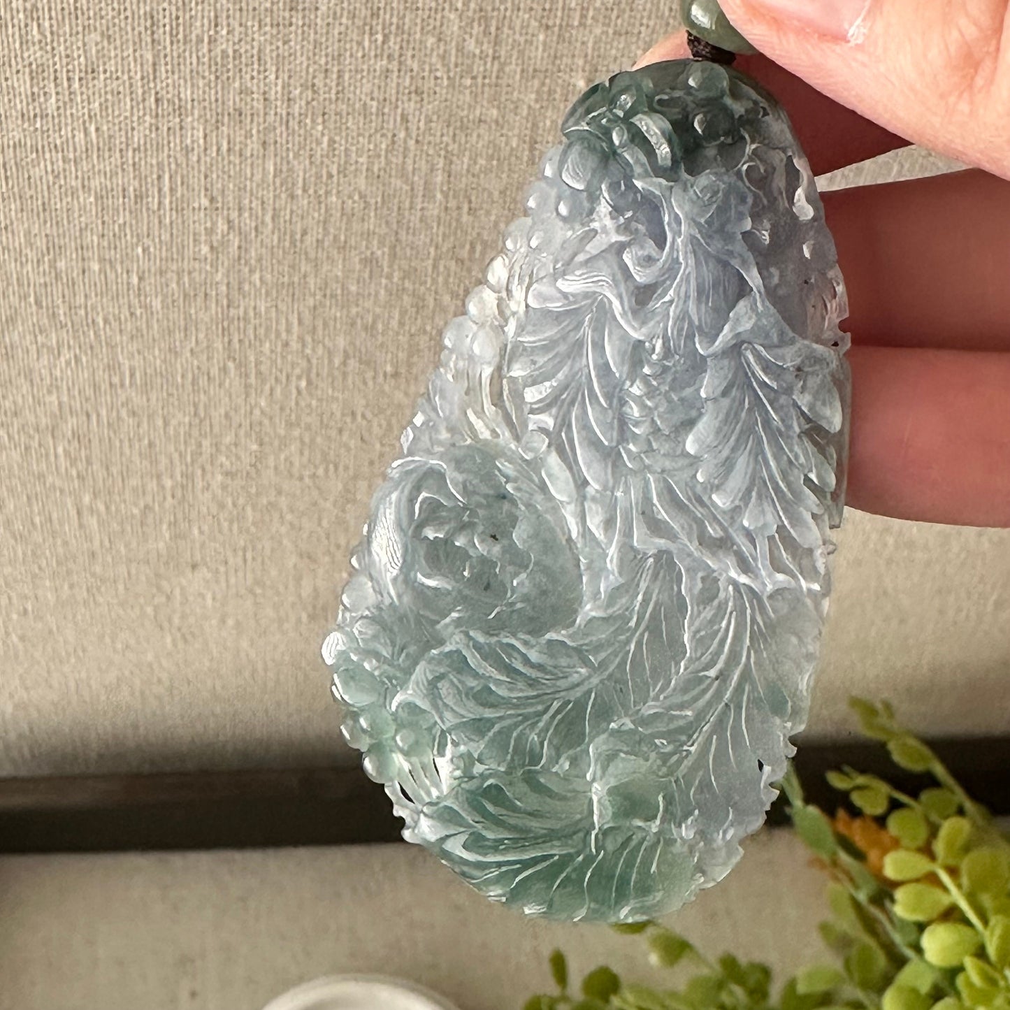 70mm Icy Blue Green Jadeite Jade Carved Peacock Pendant