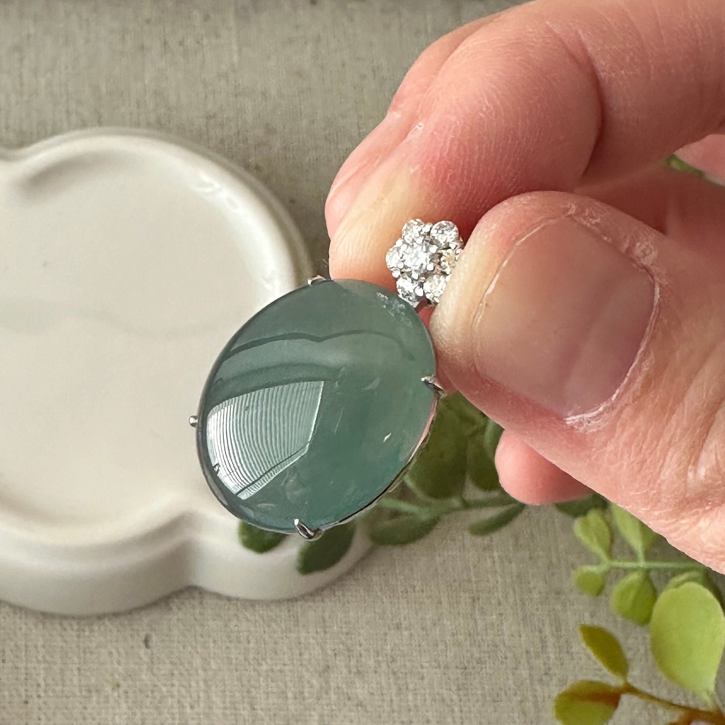 18K Gold 25.2mm High Quality Guatemalan Jade Icy Blue Cabochon Oval Pendant