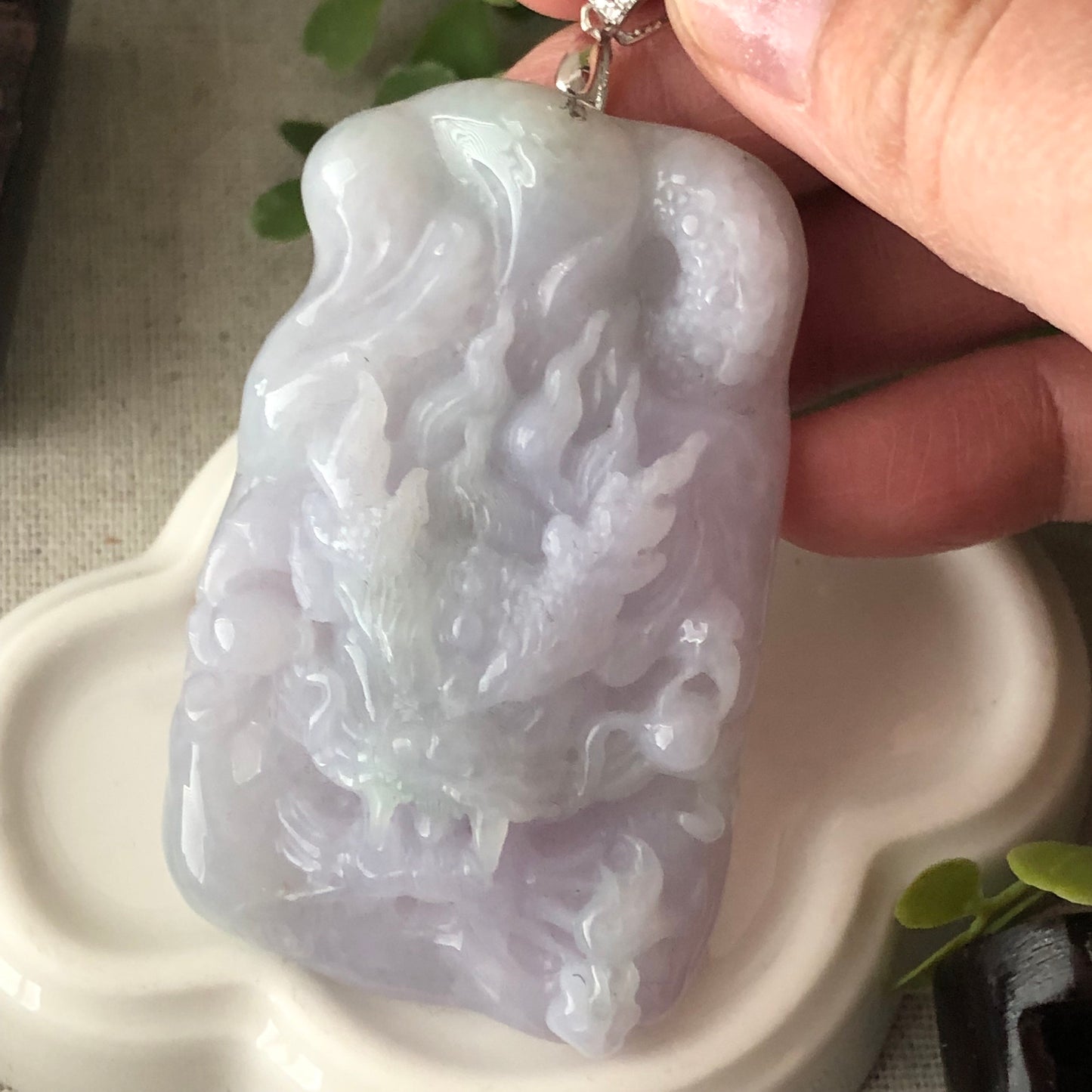 61.7mm Fine Lavender Green Jadeite Jade Carved Dragon Pendant