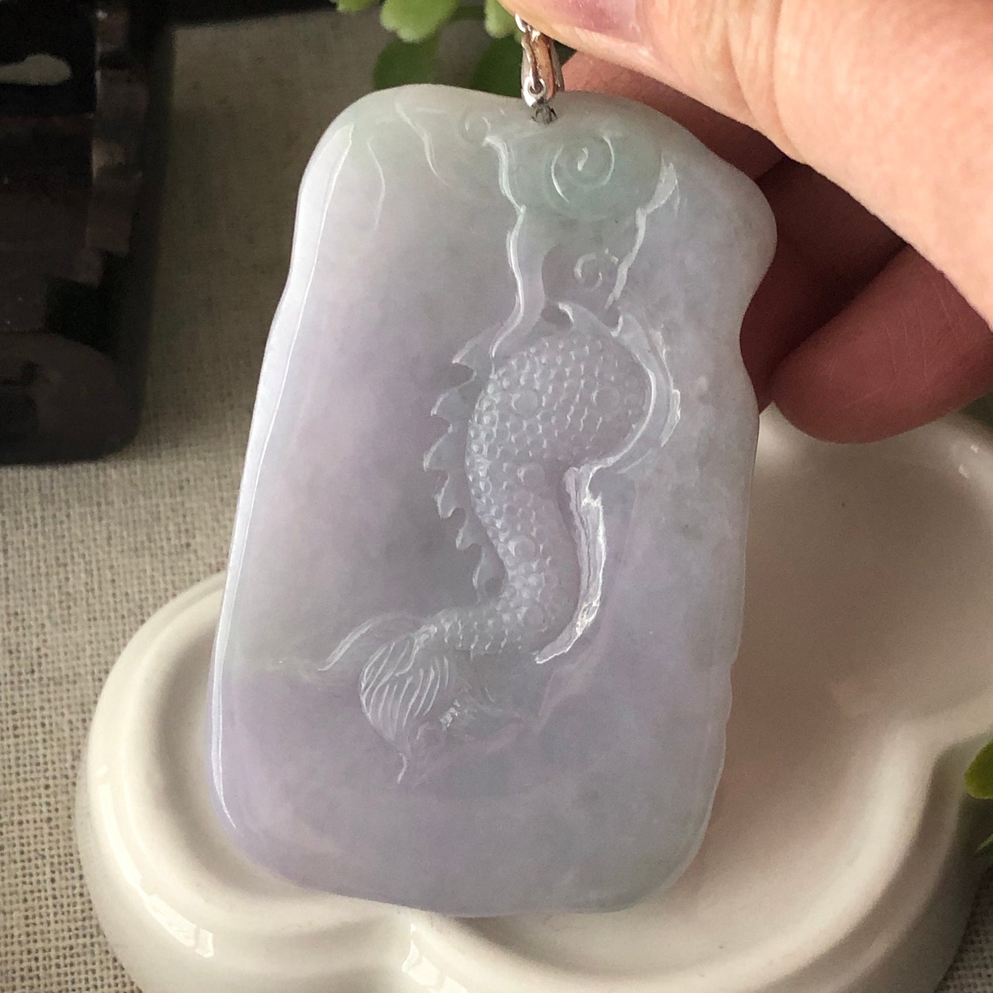 61.7mm Fine Lavender Green Jadeite Jade Carved Dragon Pendant