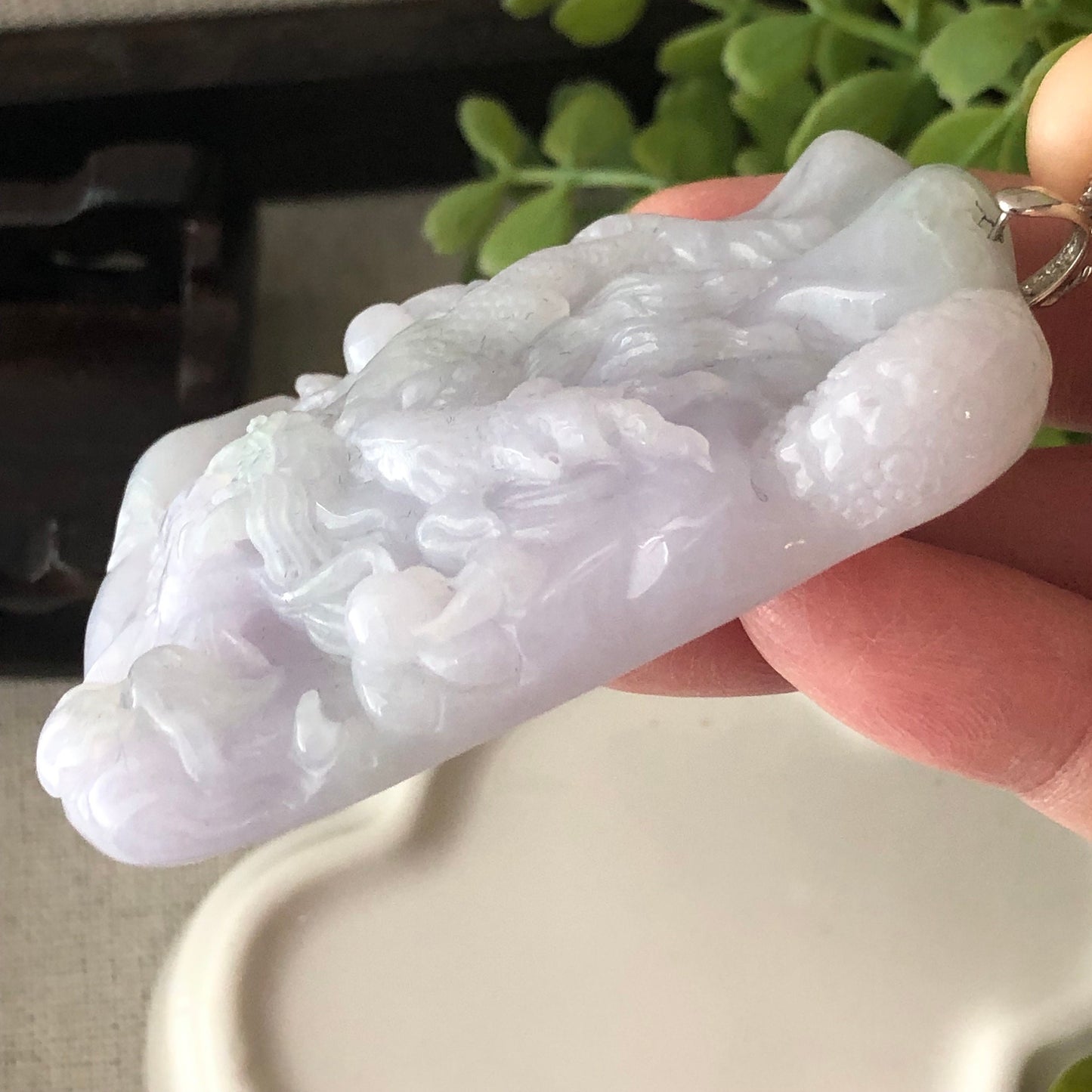 61.7mm Fine Lavender Green Jadeite Jade Carved Dragon Pendant