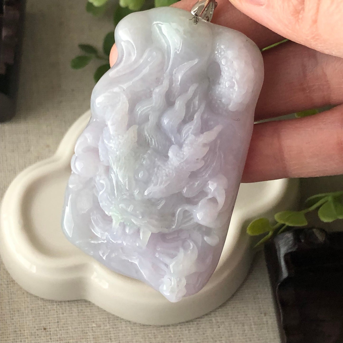 61.7mm Fine Lavender Green Jadeite Jade Carved Dragon Pendant