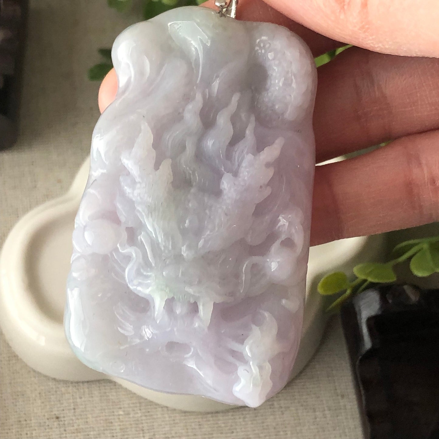 61.7mm Fine Lavender Green Jadeite Jade Carved Dragon Pendant