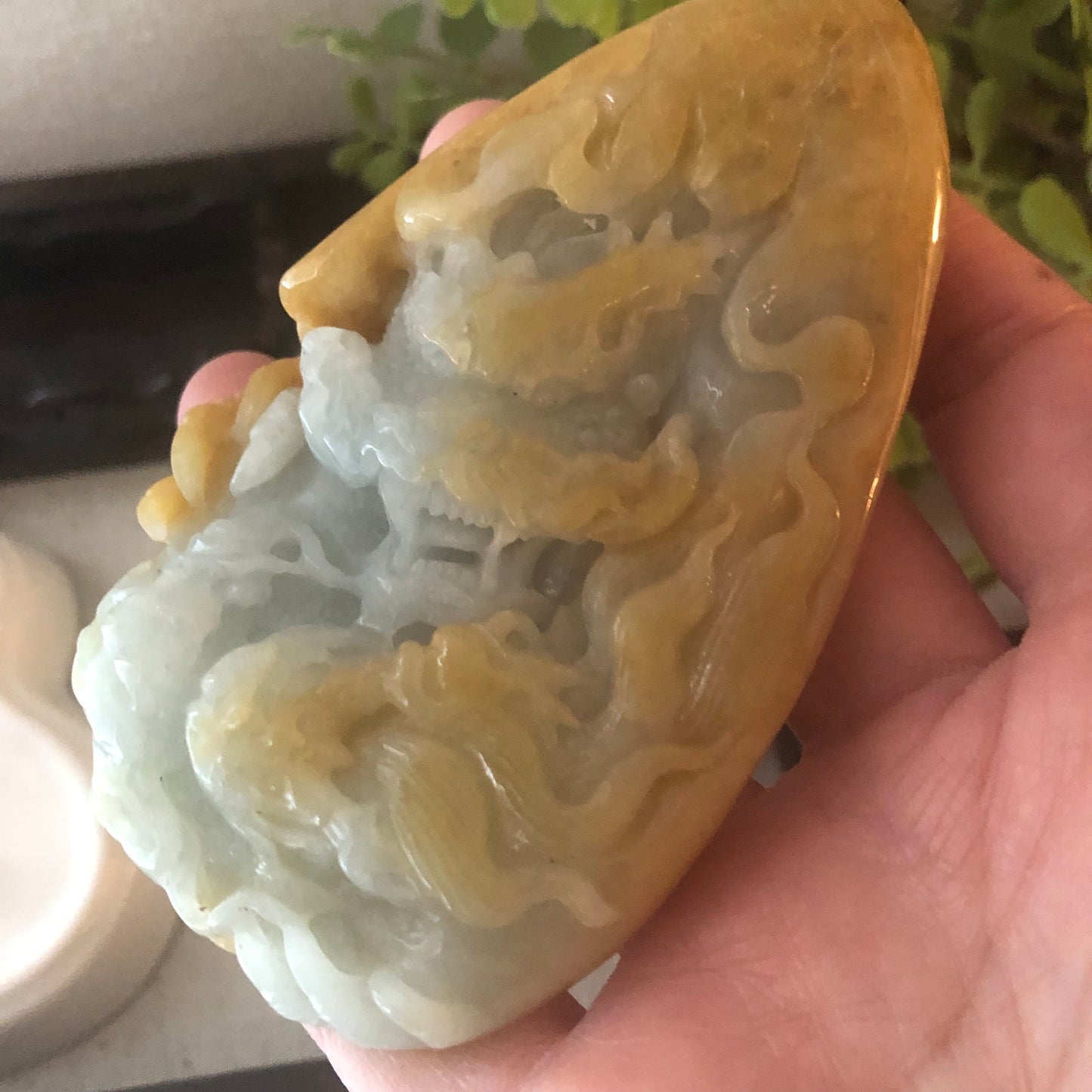 95mm Jadeite Jade Yellow Brown Carved Dragon Pendant