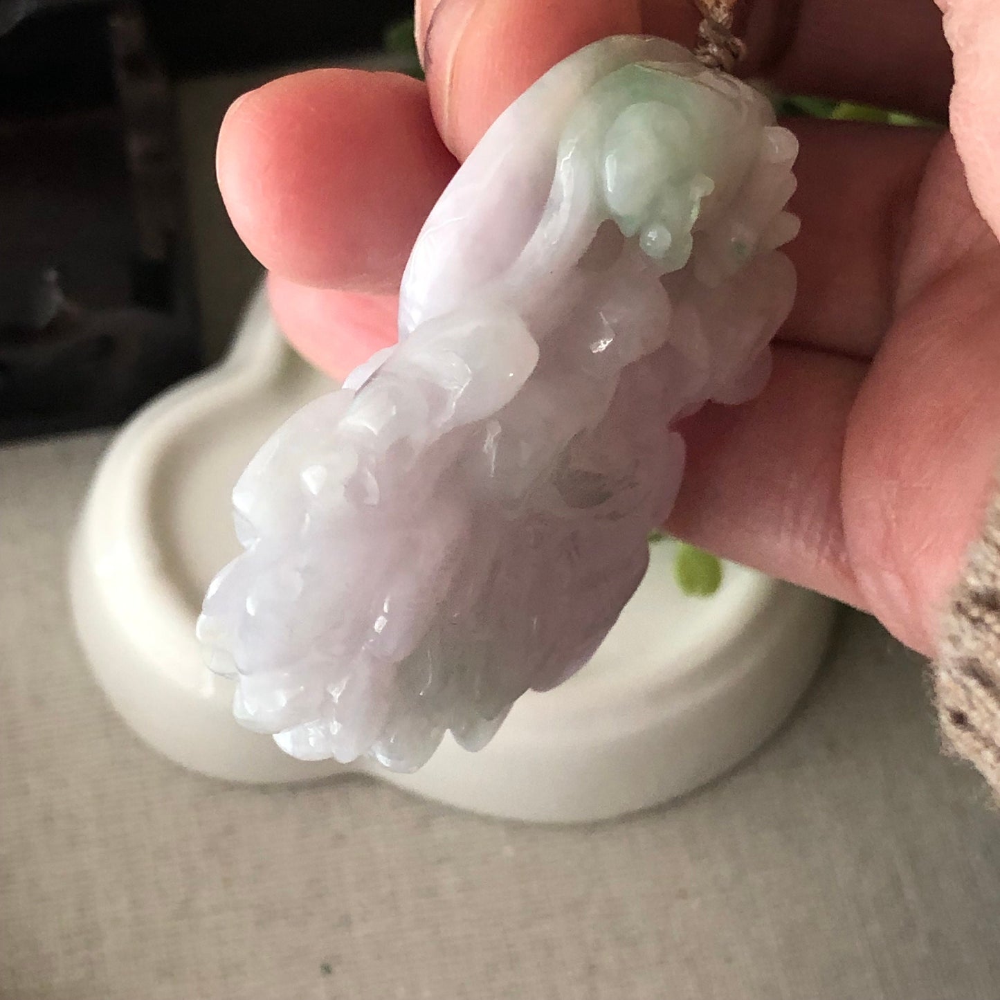 51mm Glossy Lavender Green Jadeite Jade Carved Peacock Pendant