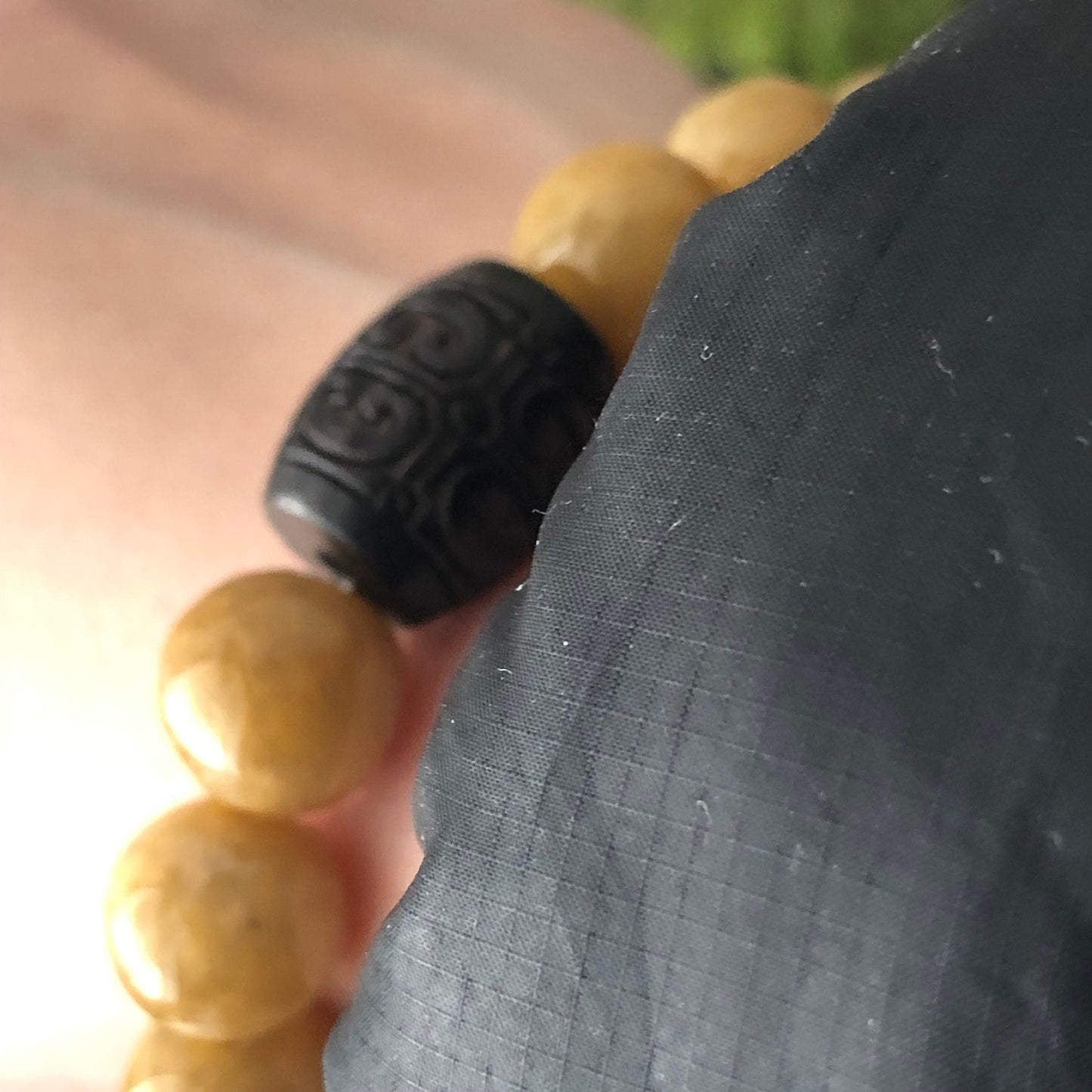 11 mm Earthy Glossy Yellow Brown Jadeite Jade Bead Bracelet with Wood Carved Asian Bead