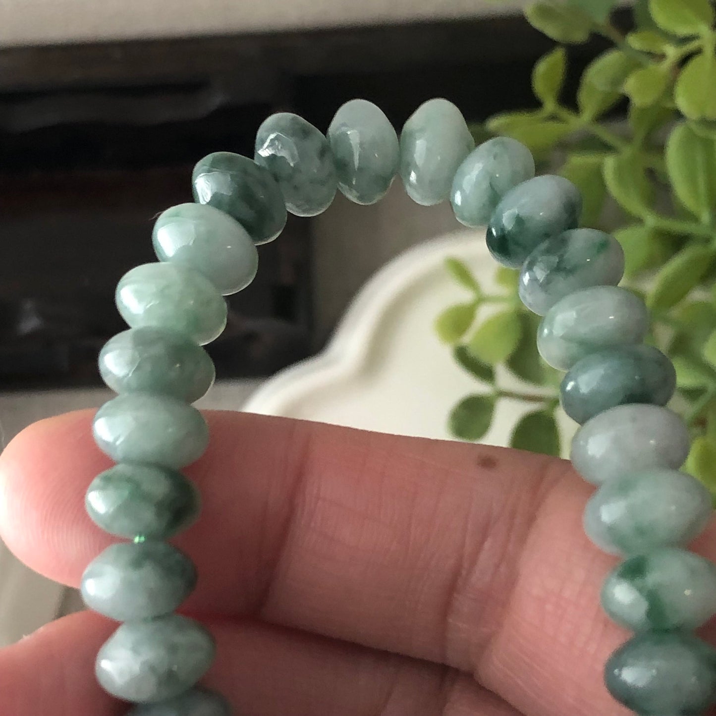 8.5mm Glossy Moist Green Float Flowers Jadeite Jade Flat Bead Bracelet