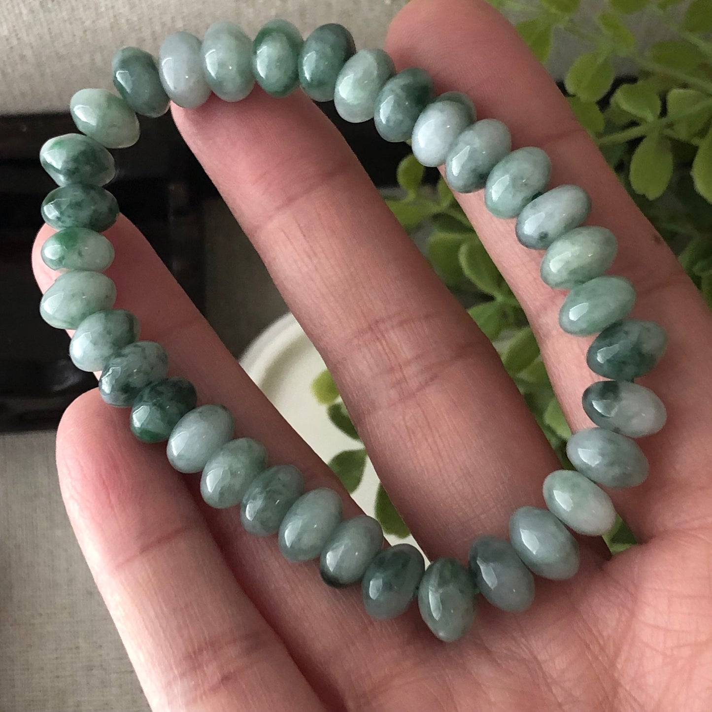 8.5mm Glossy Moist Green Float Flowers Jadeite Jade Flat Bead Bracelet