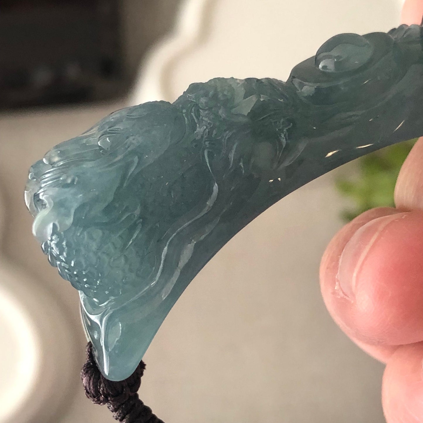 55 mm Icy Blue Guatemalan Jade Carved Dragon Head and Pixiu Bracelet RARE