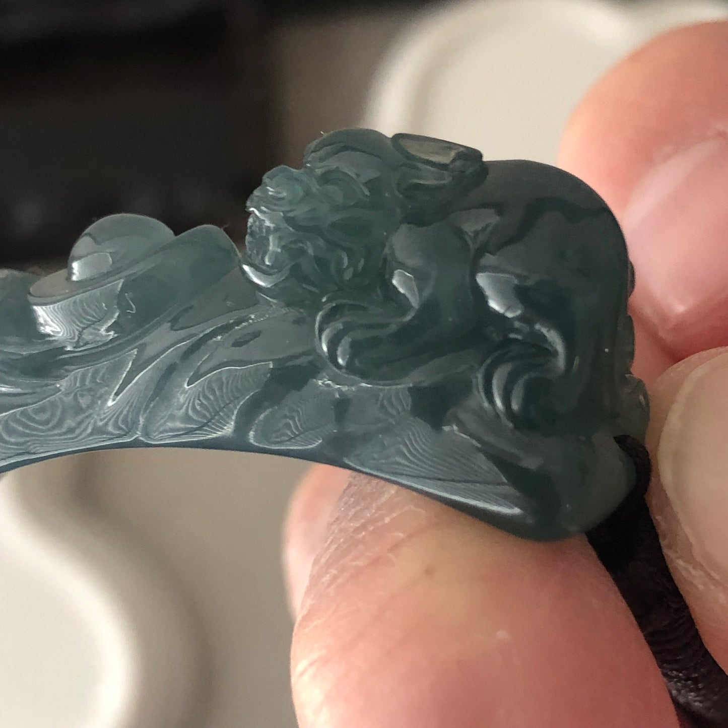 55 mm Icy Blue Guatemalan Jade Carved Dragon Head and Pixiu Bracelet RARE