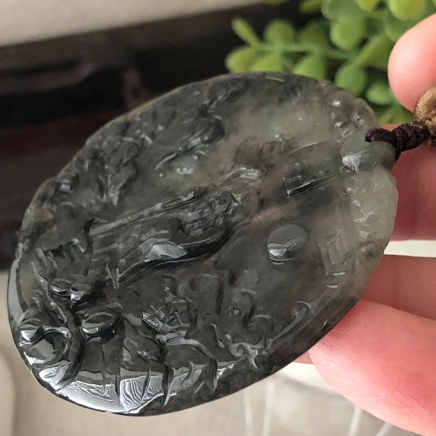 53 mm Icy Wuji Jadeite Jade Carved Landscape Trees Wealthy God Pendant