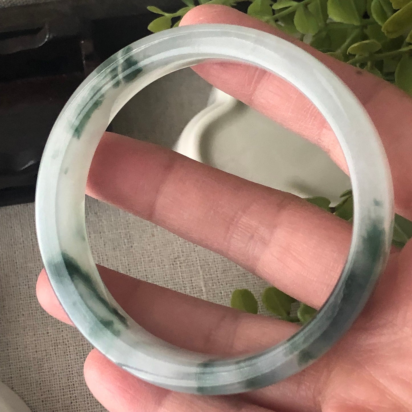 57mm Icy Green Float Flowers Square Shaped Jadeite Jade Bangle