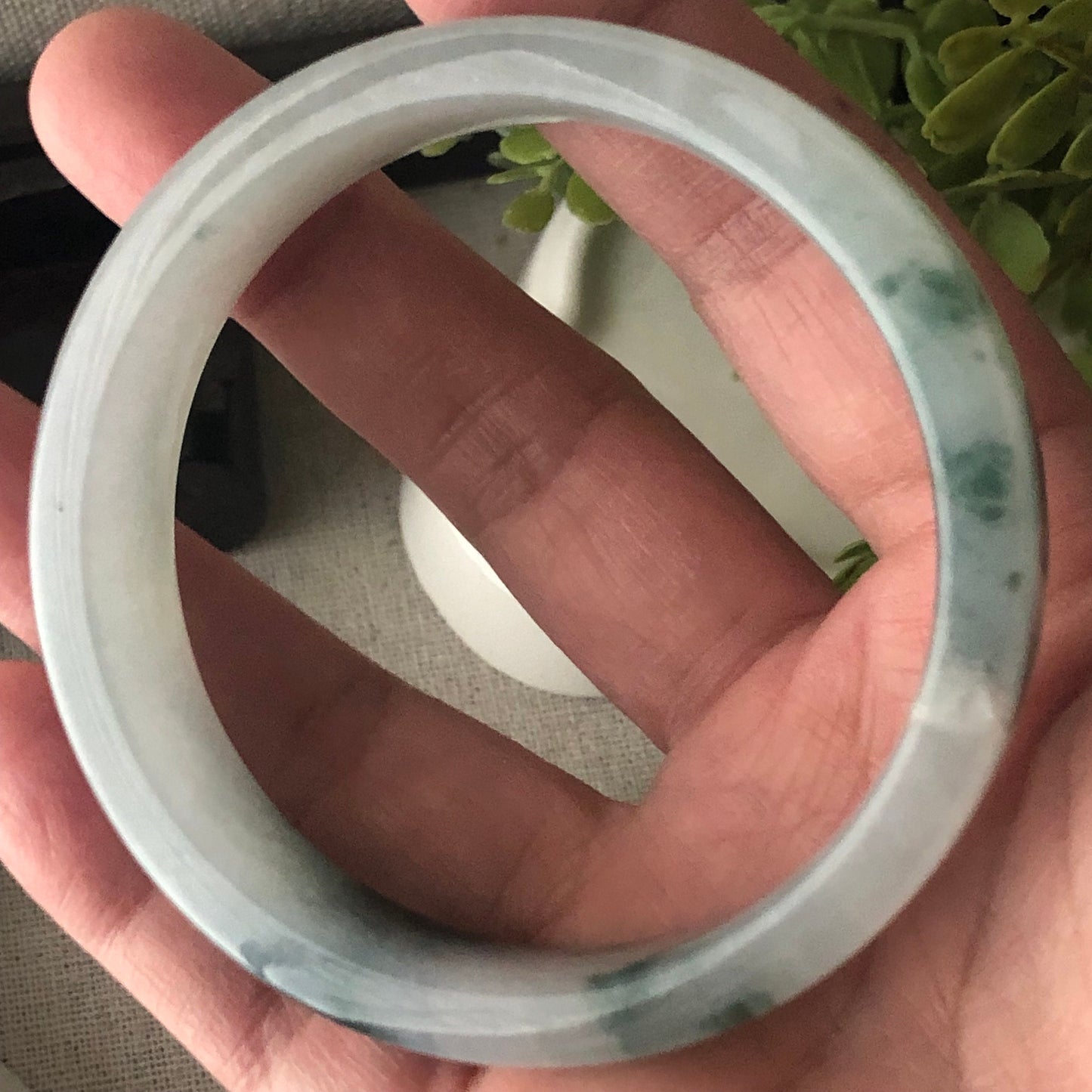 57mm Icy Green Float Flowers Square Shaped Jadeite Jade Bangle